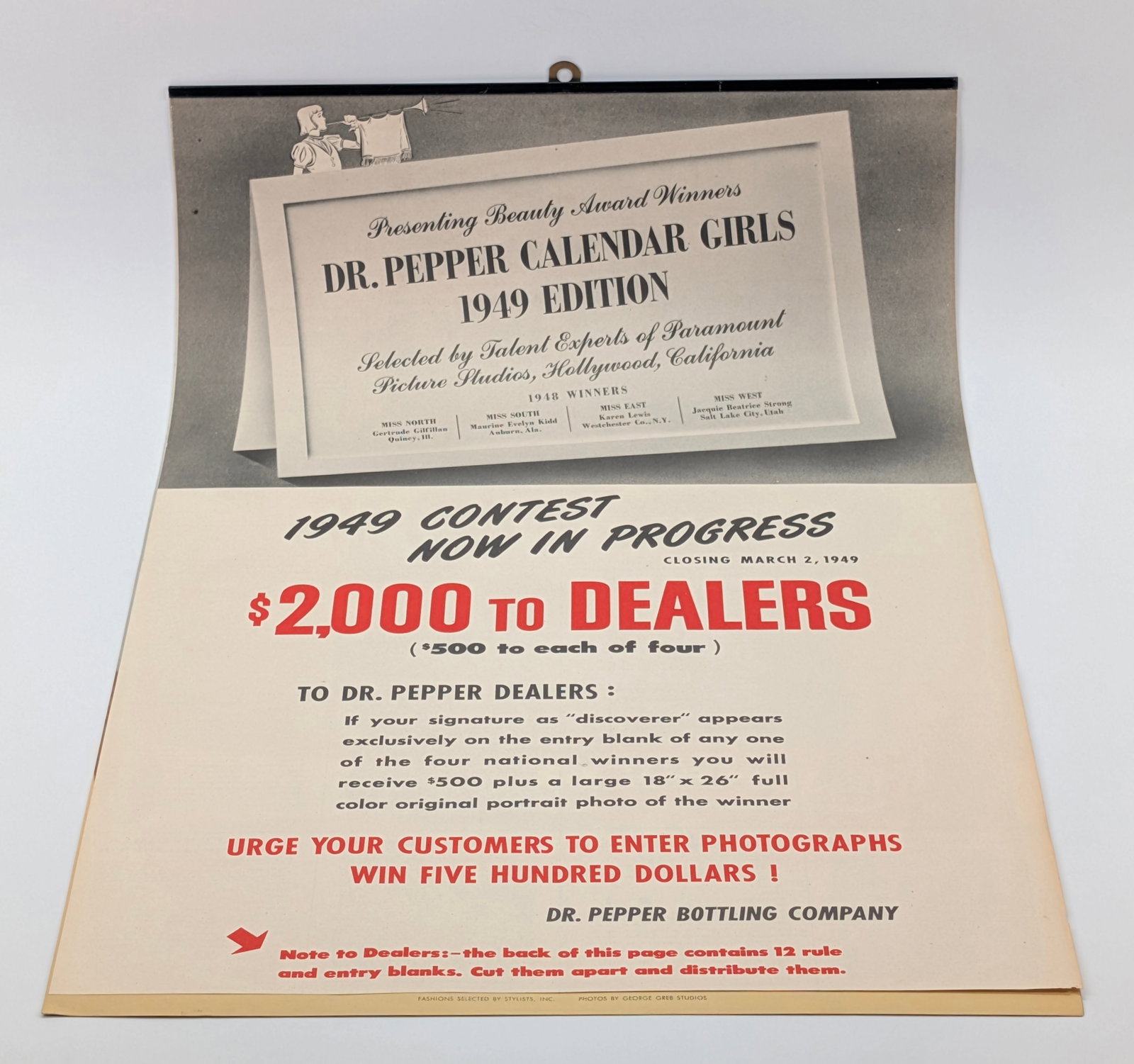 1949 DR. PEPPER CALENDAR GIRLS CALENDAR: REMAINS IN VERY GOOD CLEAN CONDITION, SHOWING SOME LIGHT WEAR.