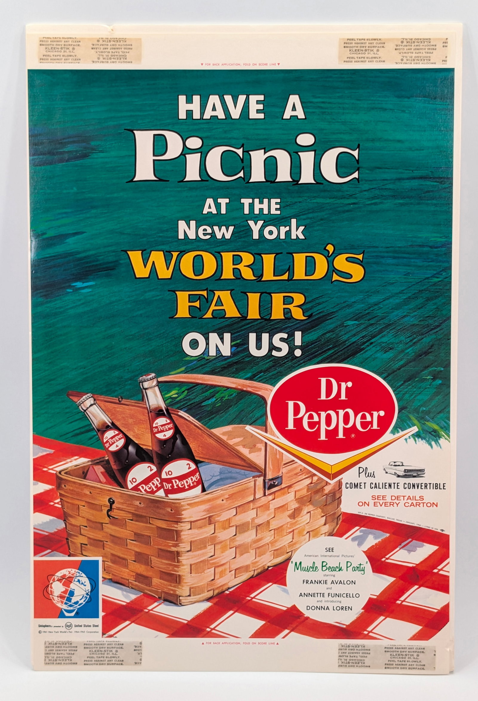 DR PEPPER PICNIC AT THE WORLD'S FAIR WINDOW SIGN: REMAINS IN VERY GOOD UNUSED CONDITION, SHOWING SOME LIGHT WEAR.