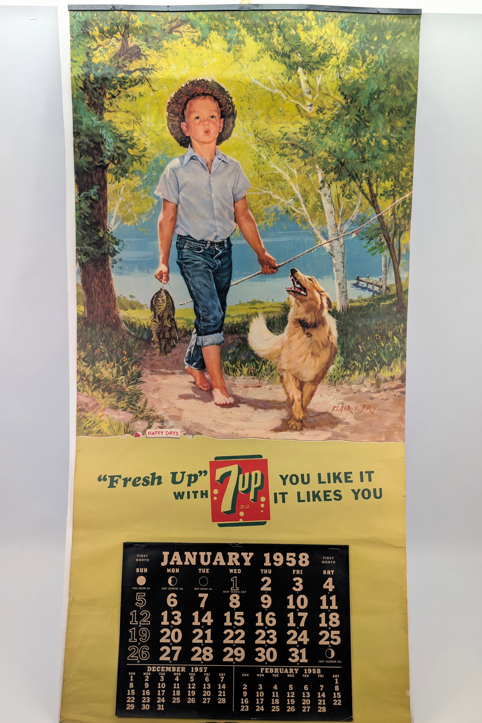 1958 SEVEN UP 7UP ADVERTISING CALENDAR: REMAINS IN GOOD CONDITION, SHOWING SOME LIGHT TYPICAL WEAR.