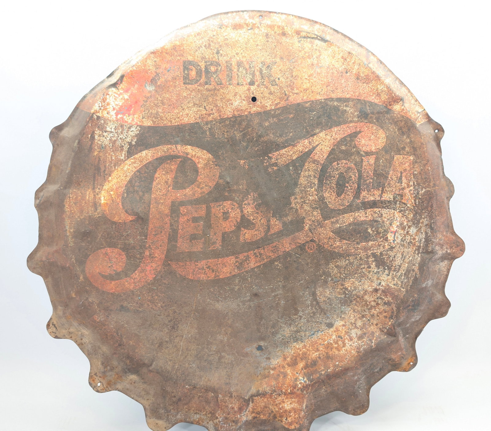 LARGE PEPSI COLA BOTTLE CAP SIGN: REMAINS IN POOR CONDITION, SHOWING USAGE WEAR AND DENTS THROUGHOUT. MISSING MOST ALL PAINT.