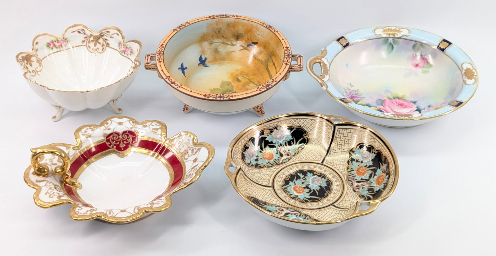 5) ANTIQUE HAND PAINTED NIPPON BOWLS: ALL REMAIN IN GOOD CONDITION, NO CHIPS OR CRACKS.