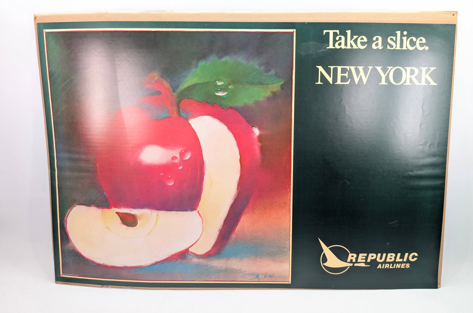 REPUBLIC AIRLINES NEW YORK APPLE POSTER: REMAINS IN GOOD CONDITION, SHOWING SOME TYPICAL WEAR.