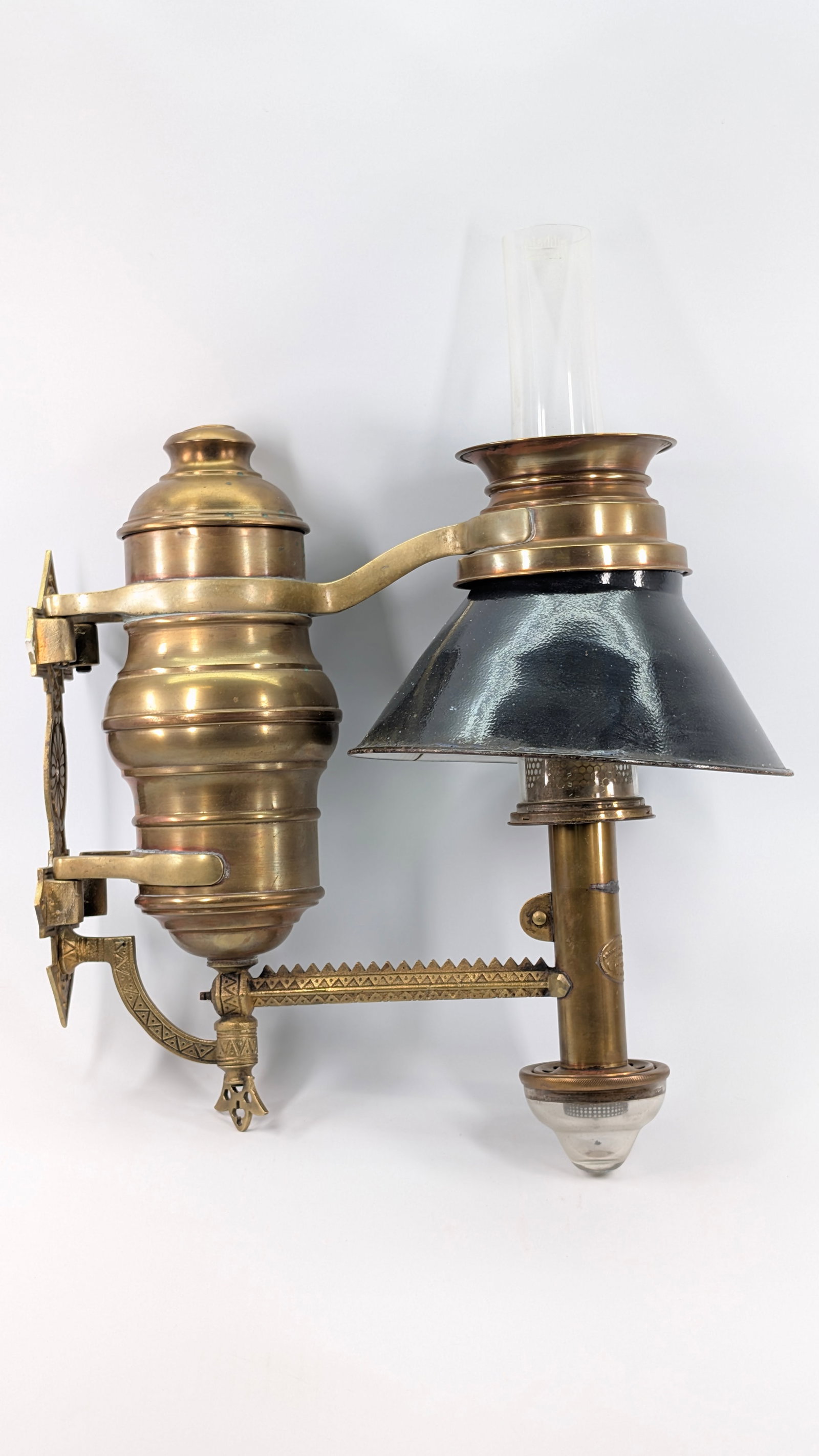 ADAMS & WESTLAKE WALL MOUNT RAILROAD LANTERN: REMAINS IN GOOD CONDITION, SHOWING SOME TYPICAL USAGE WEAR.
