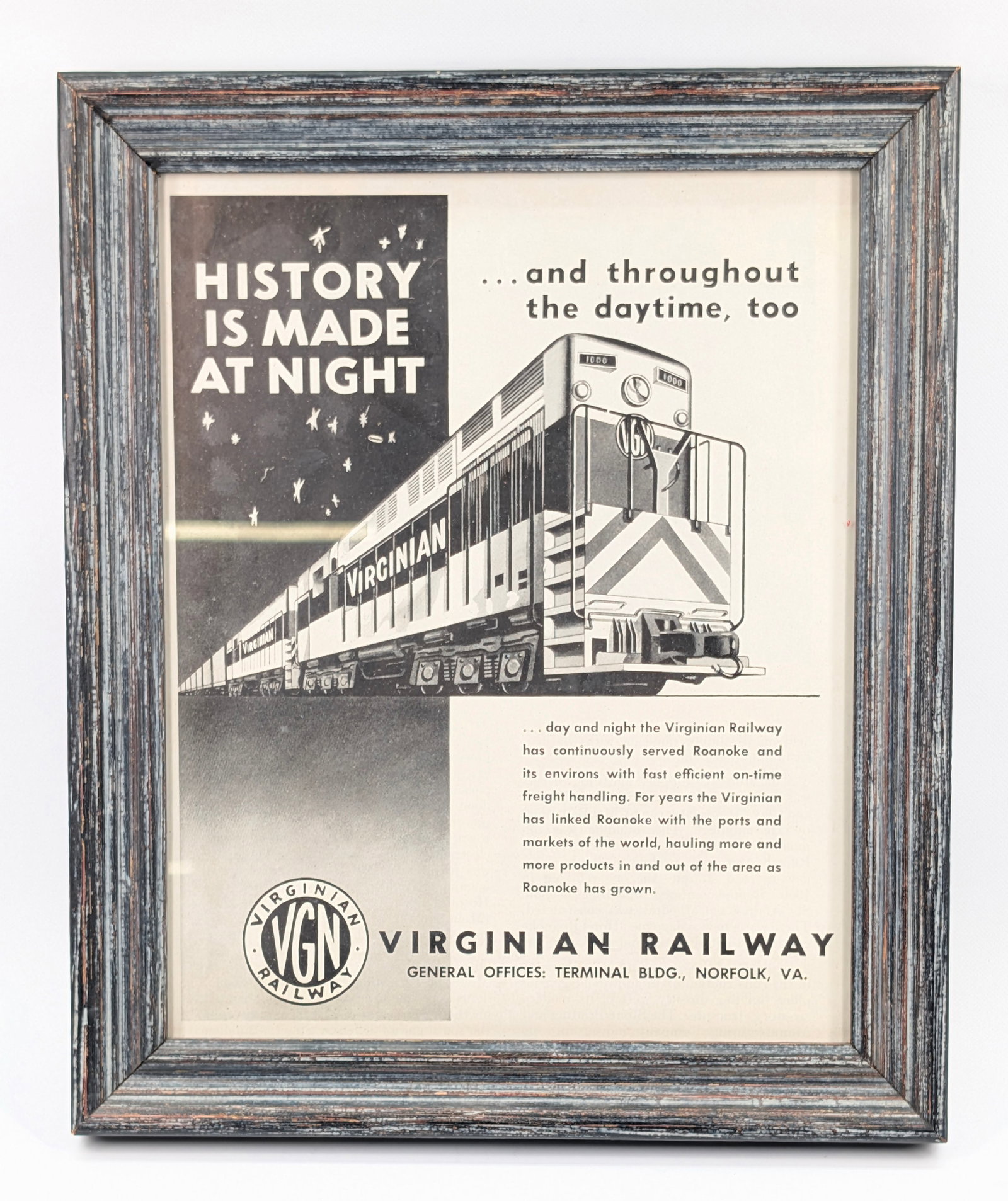 VIRGINIAN RAILWAY FRAMED ADVERTISEMENT: REMAINS IN GOOD CONDITION, FRAMED.
