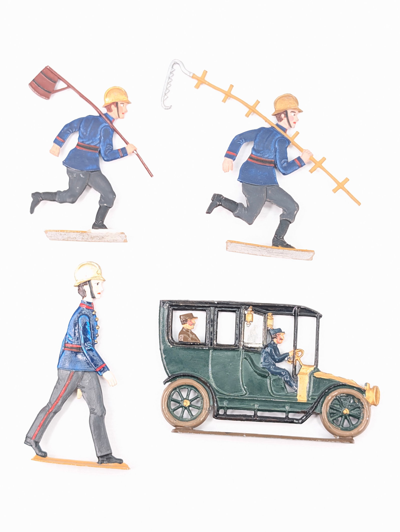 4) GERMAN FLAT HAND PAINTED SOLDIERS & VEHICLE: ALL REMAIN IN GOOD CONDITION.