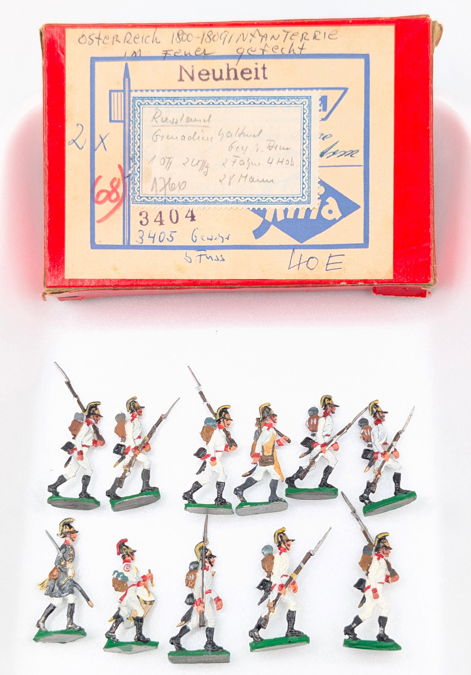 SET OF OSTERREICH INFANTRY SOLDIERS W/ BOX: ALL REMAIN IN GOOD CONDITION, SHOWING SOME TYPICAL WEAR. INCLUDES BOX AS SHOWN.