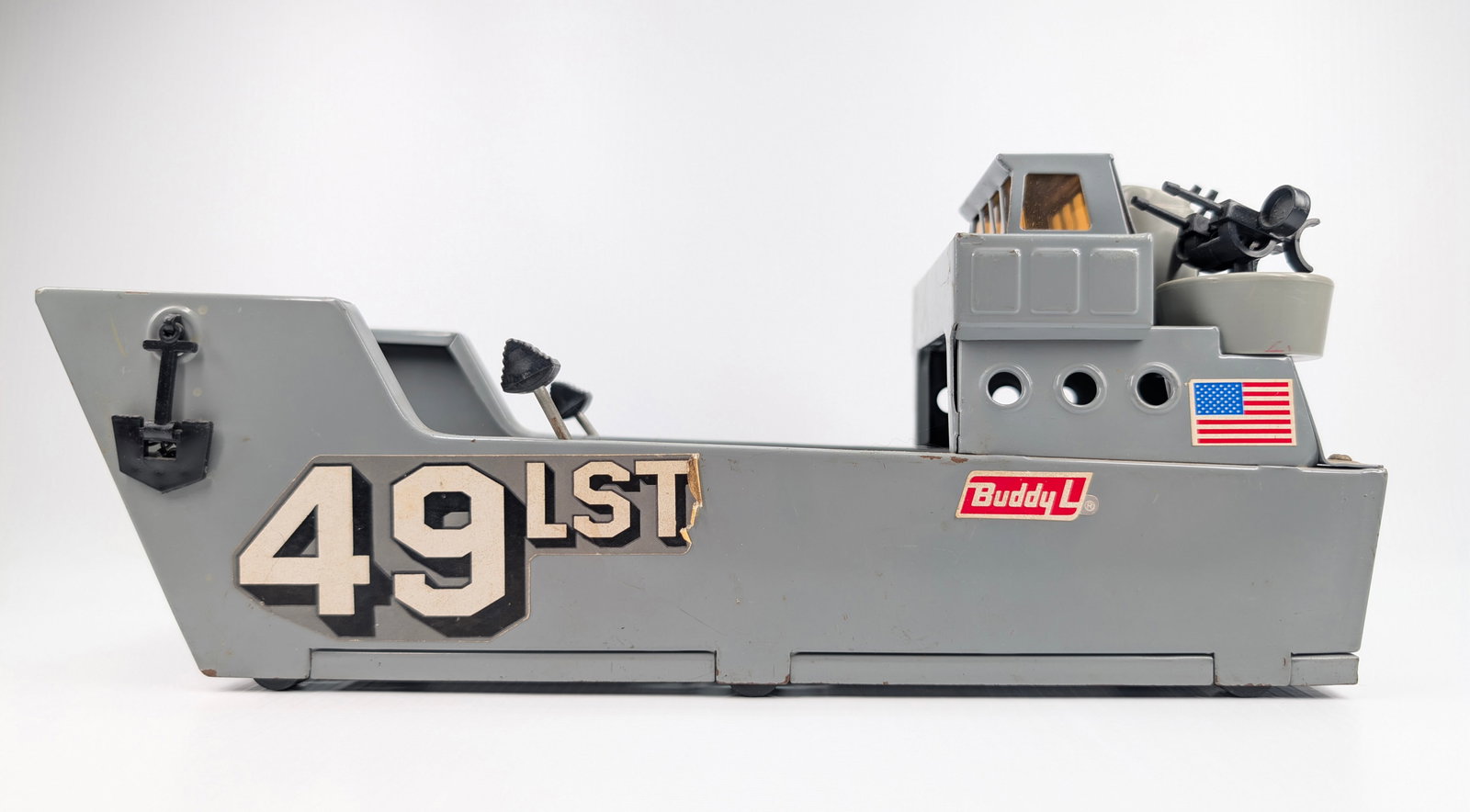 BUDDY L PRESSED STEEL 49LST BOAT: REMAINS IN GOOD CONDITION, SHOWING SOME LIGHT USAGE WEAR.