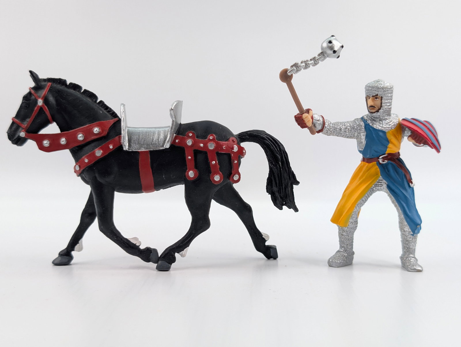 PLASTIC CHINESE HORSE & MEDIEVAL KNIGHT: BOTH REMAIN IN GOOD CONDITION.