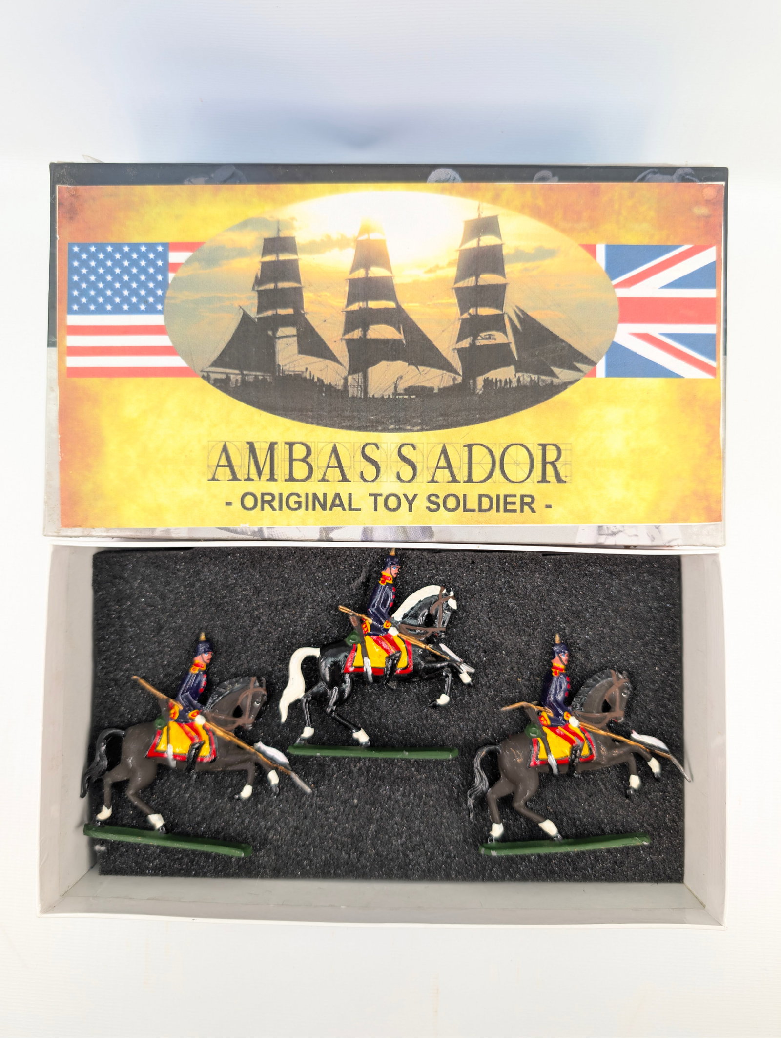 AMBASSADOR PRUSSIAN LANCERS 3-FIGURE SET: ALL REMAIN IN GOOD CONDITION, SHOWING SOME TYPICAL WEAR. CUSTOM BOX.