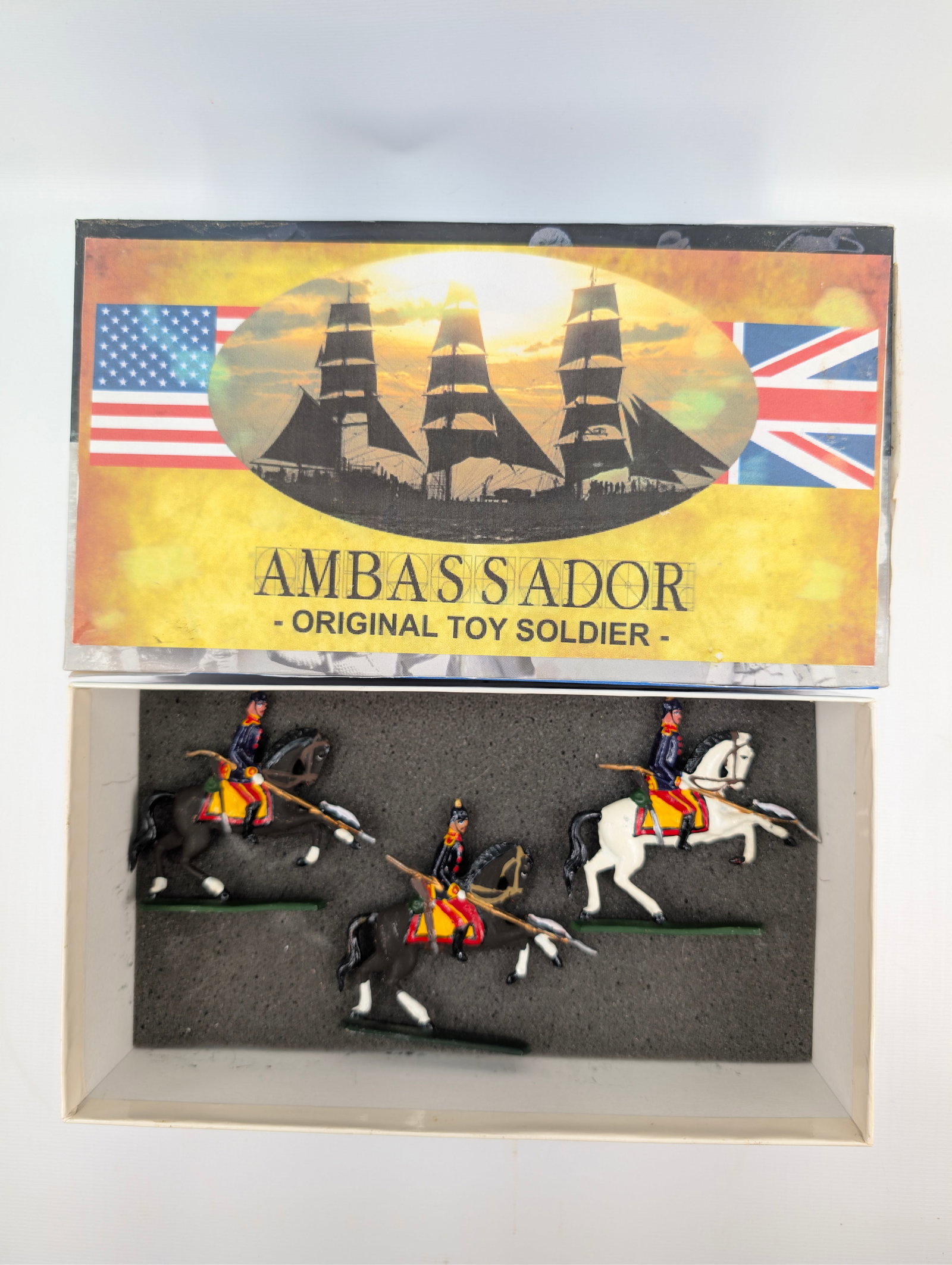 AMBASSADOR PRUSSIAN LANCERS 3-FIGURE SET: ALL REMAIN IN GOOD CONDITION, SHOWING SOME TYPICAL WEAR. CUSTOM BOX.