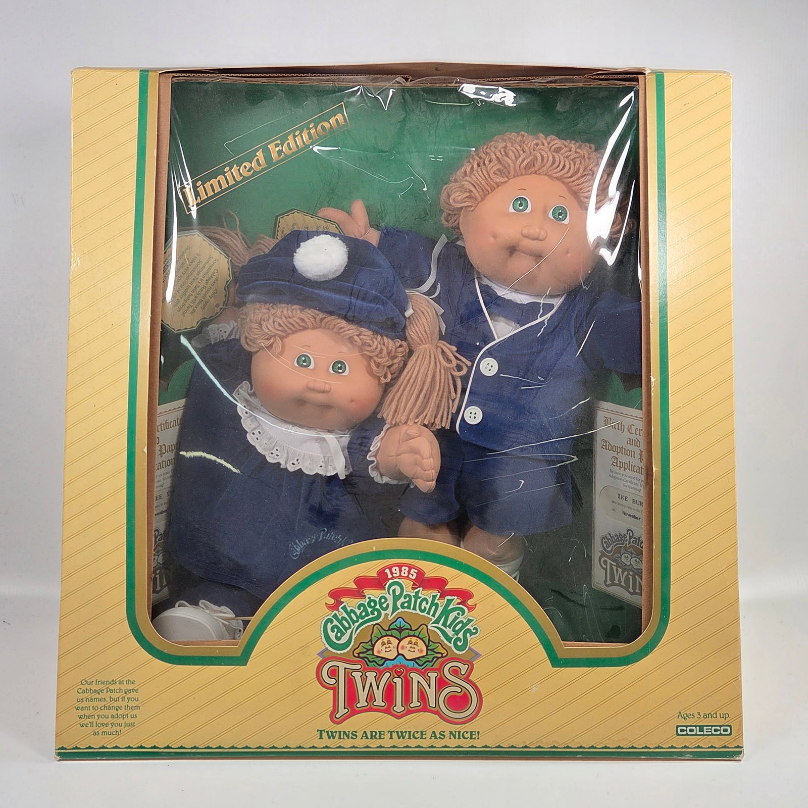 COLECO 1985 CABBAGE PATCH KIDS TWINS NIB: REMAINS NEW IN BOX, BOX SHOWING SOME WEAR.