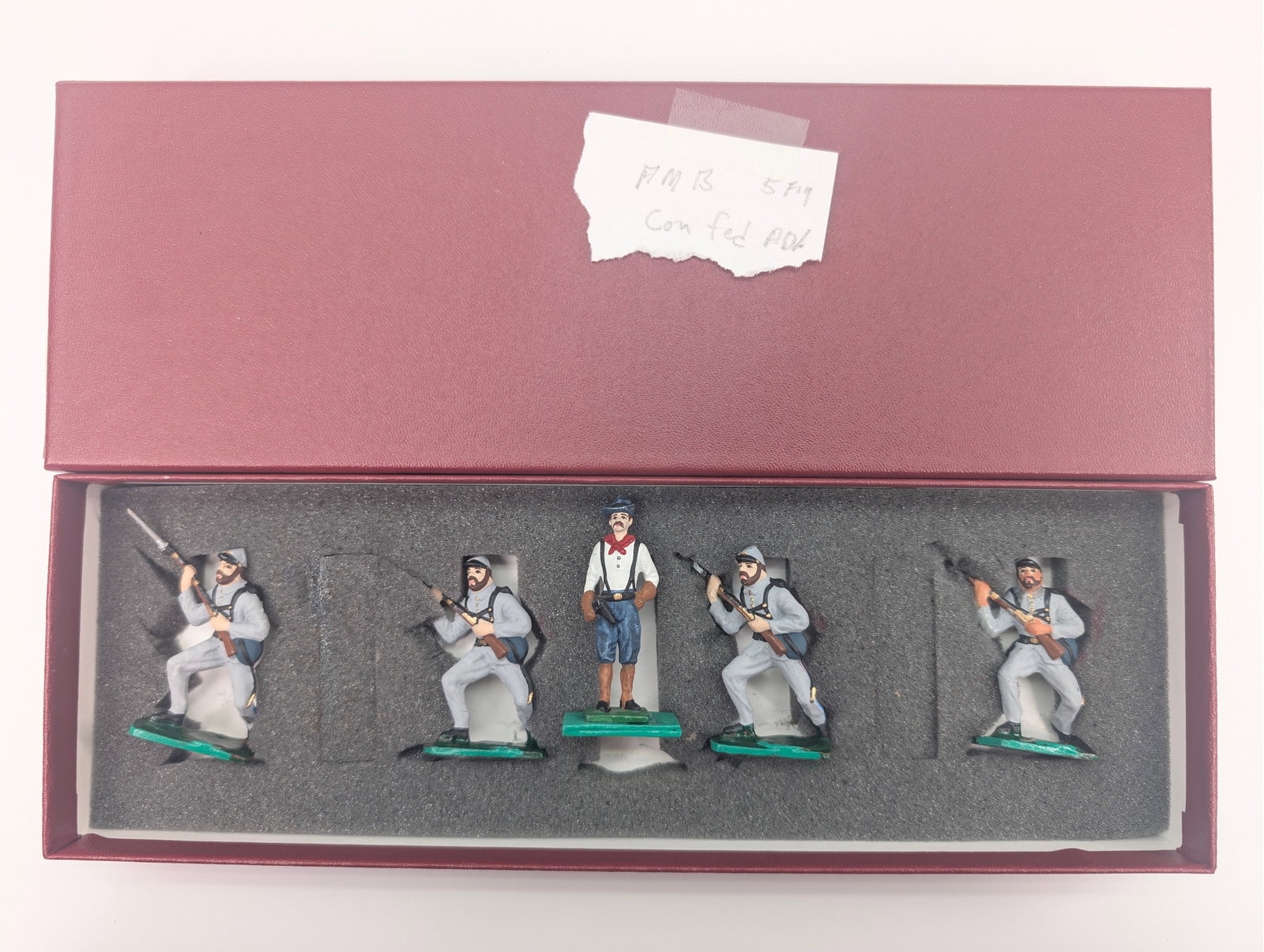 SET OF 5 HAND PAINTED CIVIL WAR SOLDIERS: ALL REMAIN IN GOOD CONDITION, SHOWING SOME LIGHT WEAR. CUSTOM BOX.