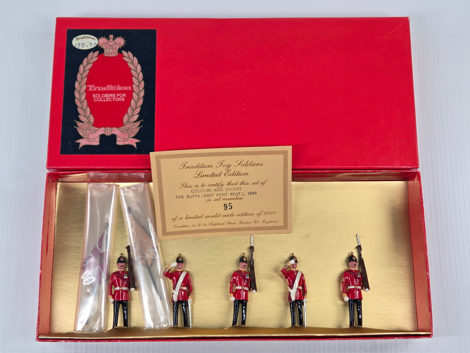 TRADITIONS COLOURS & ESCORT THE BUFFS EAST KENT REGT. 1890: SET REMAINS IN VERY GOOD CONDITION WITH ORIGINAL BOX.