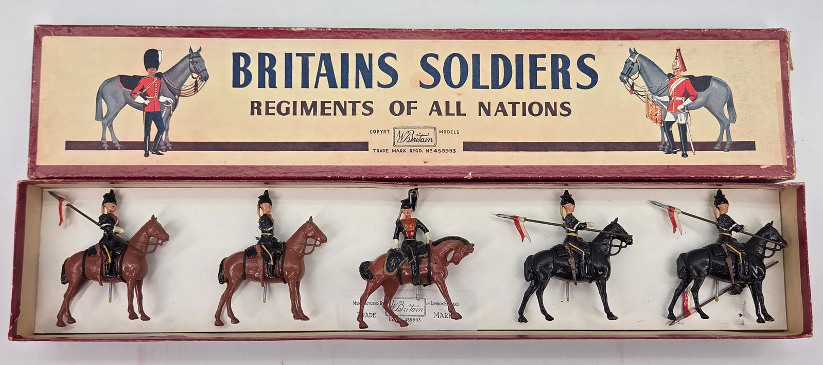 VINTAGE BRITAIN 24 THE 9TH LANCERS: ALL REMAIN IN FAIR CONDITION, SHOWING PAINT WEAR AND SOME TOUCH UP.S ORIGINAL BOX SHOWING WEAR WITH SOME TAPE APPLIED. CUSTOM INSERT