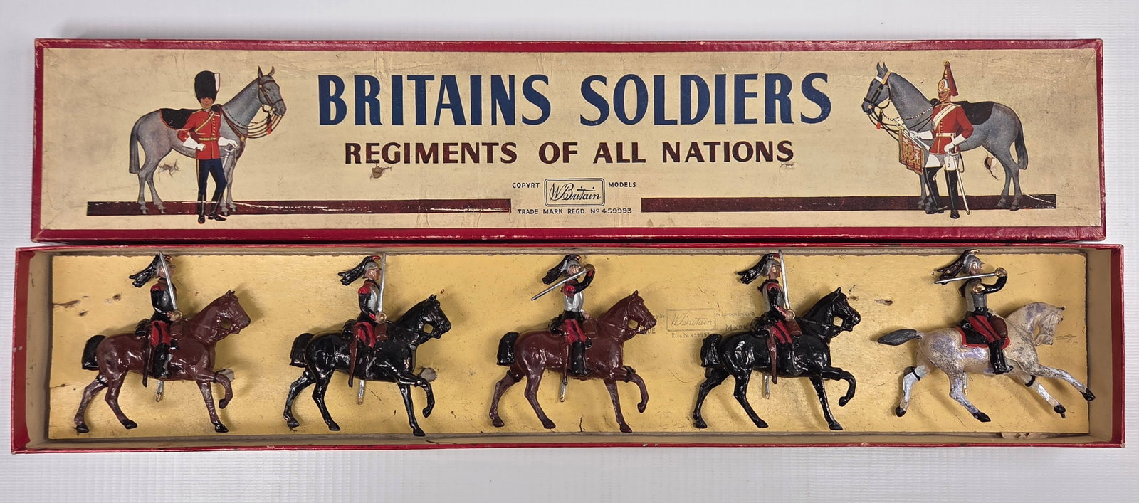 VINTAGE BRITAIN NO. 138 FRENCH ARMY CUIRASSIERS: SET REMAINS IN GOOD CONDITION, SHOWING SOME LIGHT TYPICAL WEAR ORIGINAL BOX REMAINS NICE.