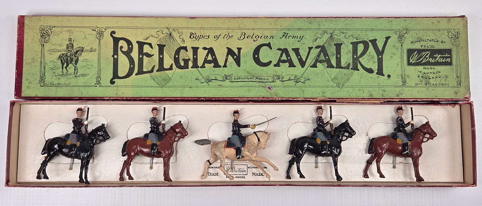 VINTAGE BRITAIN NO. 190 BELGIAN CAVALRY: SET REMAINS IN GOOD CONDITION, SHOWING SOME PAINT TOUCH UP. BOX IN GOOD CONDITION, SHOWING SOME TYPICAL WEAR.