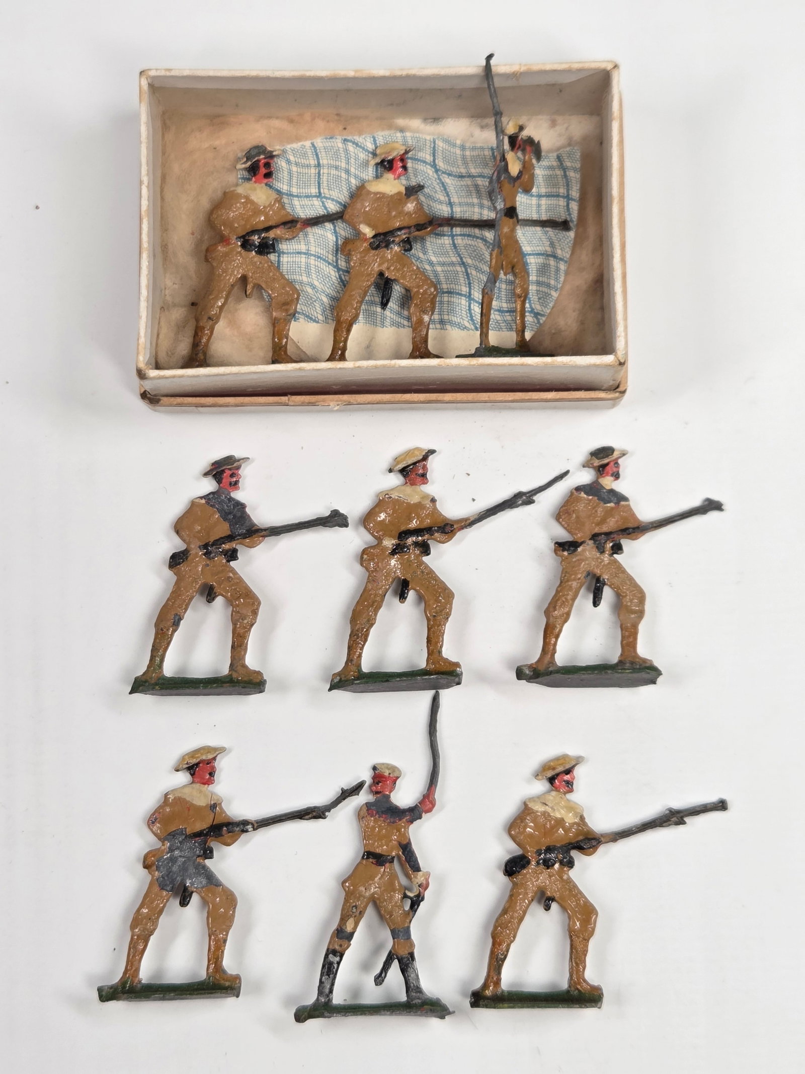 ANTIQUE ERNST HEINRICHSEN GERMAN FLAT SOLDIERS W/ BOX: ALL REMAIN IN FAIR TO GOOD CONDITION, SHOWING SOME LIGHT TYPICAL WEAR. ORIGINAL BOX REMAINS IN FAIR TO GOOD CONDITION, SHOWING STORAGE WEAR.