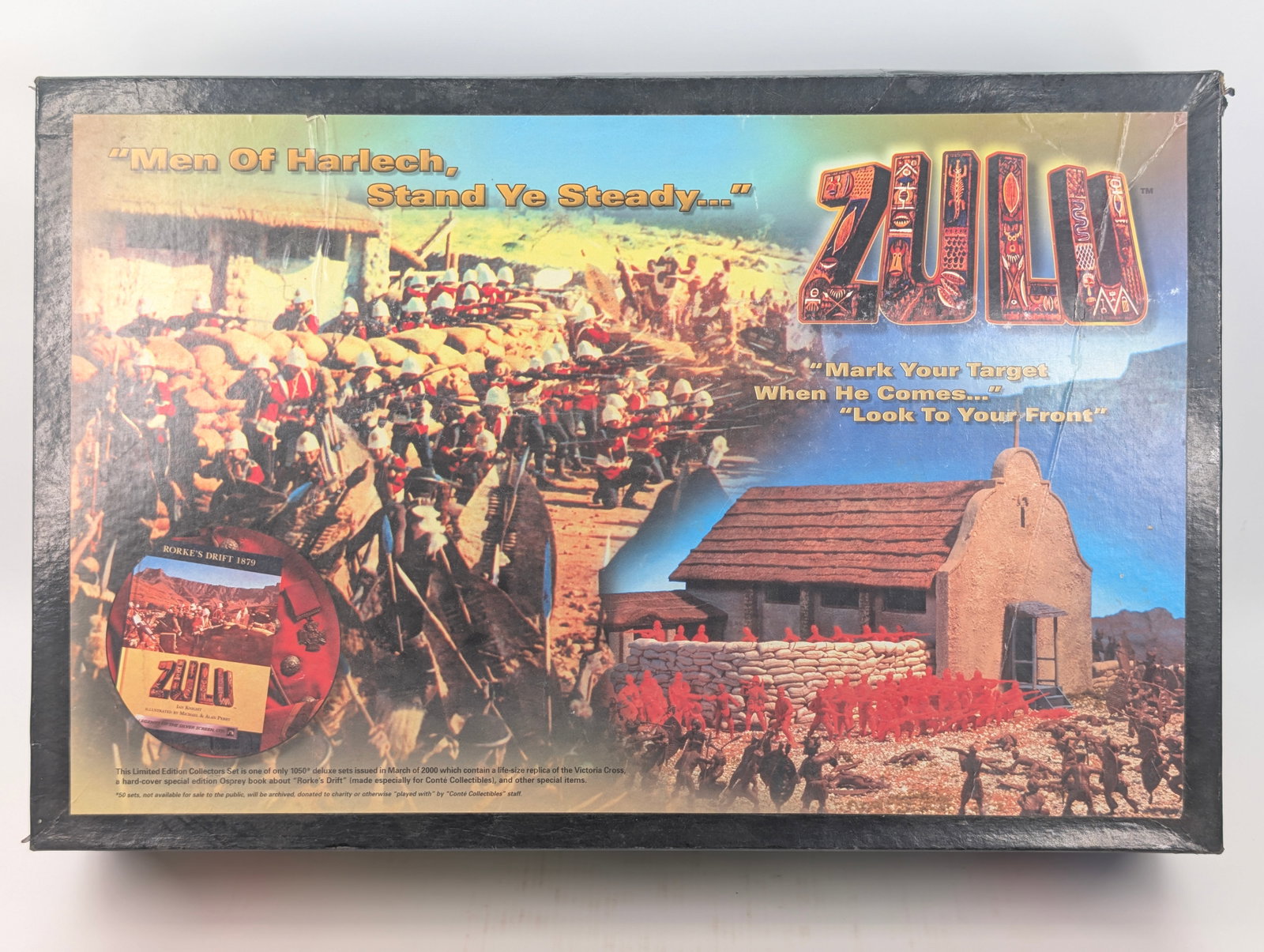 CONTE LTD. ZULU WAR VILLAGE CENTER: REMAINS IN GOOD CONDITION, SHOWING SOME TYPICAL WEAR. BOX SHOWING WEAR.