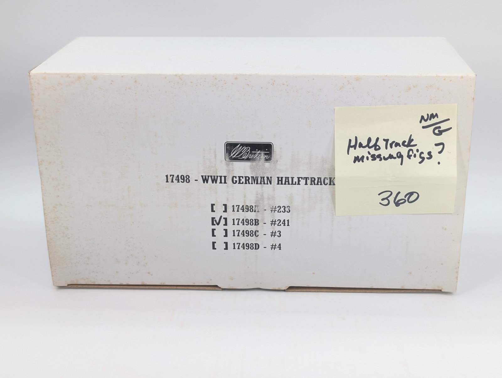 2004 BRITAIN'S 17498 WWII GERMAN HALFTRACK: REMAINS IN GOOD CONDITION SHOWING SOME TYPICAL WEAR. MISSING FIGURES. BOX SHOWING WEAR.