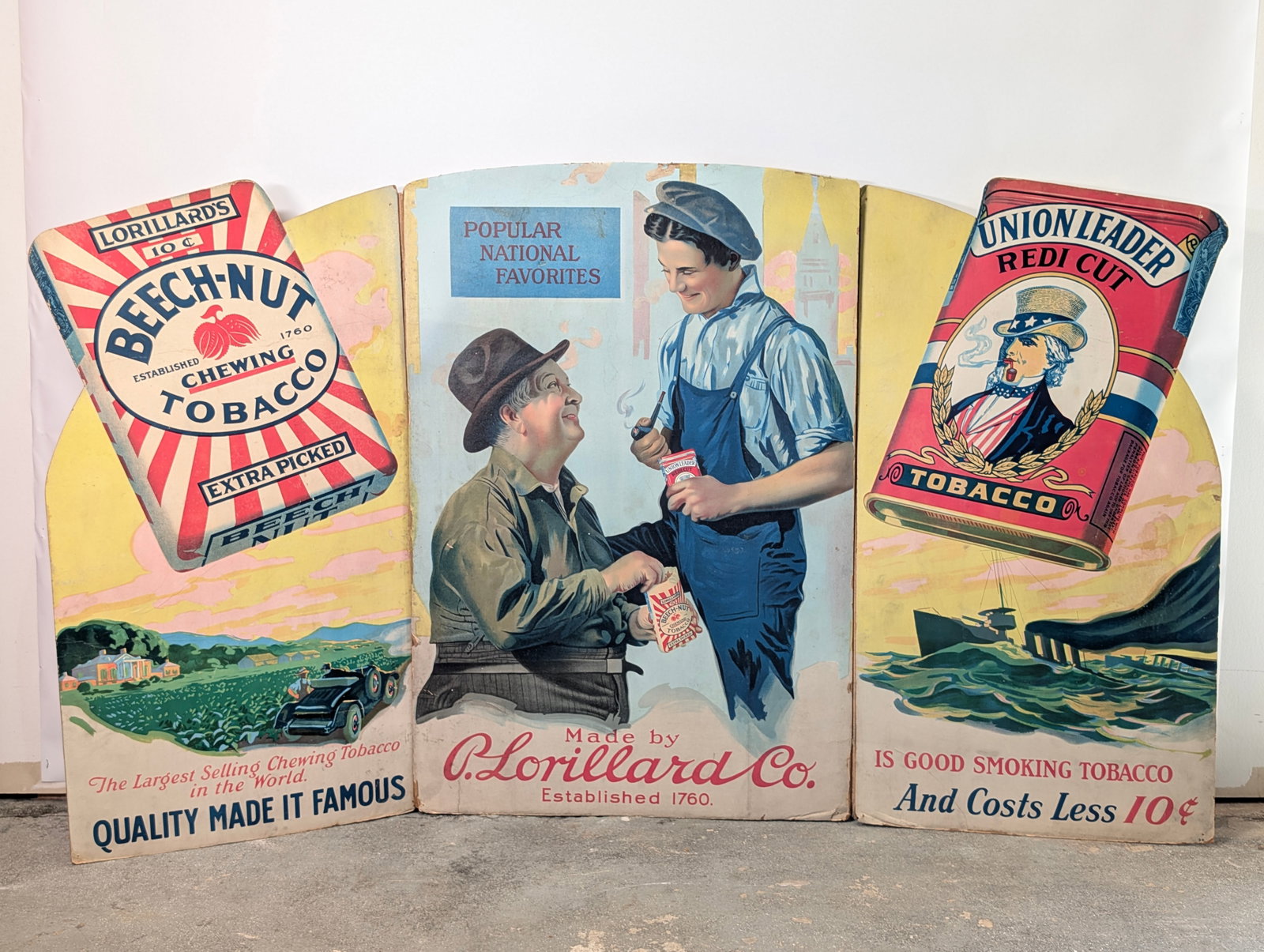BEECH NUT & UNION LEADER 3-PANEL CARDBOARD TOBACCO DISPLAY SIGN (1 of 12)