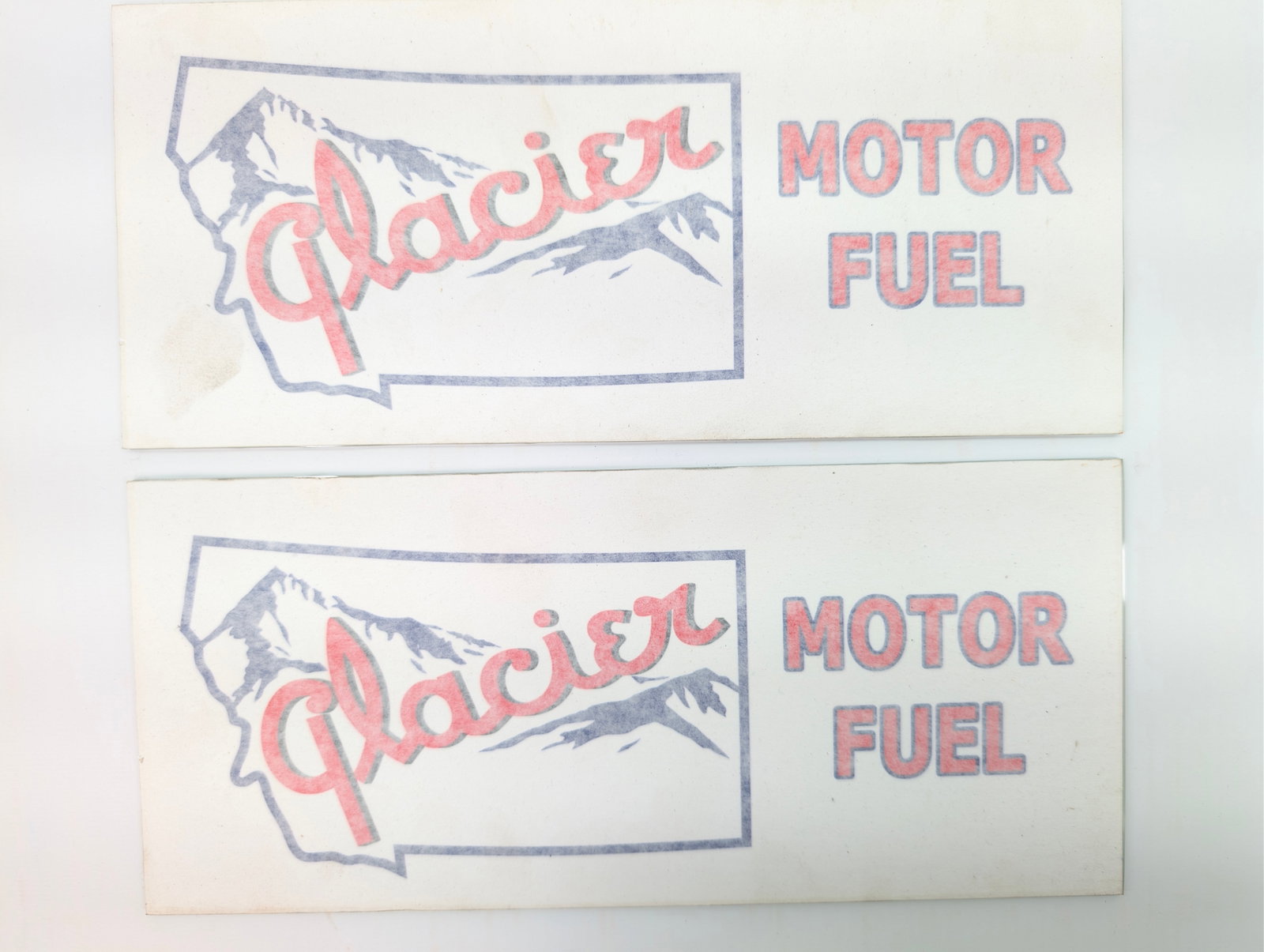 2) GLACIER MOTOR FUEL GLASS GAS PUMP SIGNS: BOTH REMAIN IN GOOD CONDITION, NO CHIPS OR CRACKS.