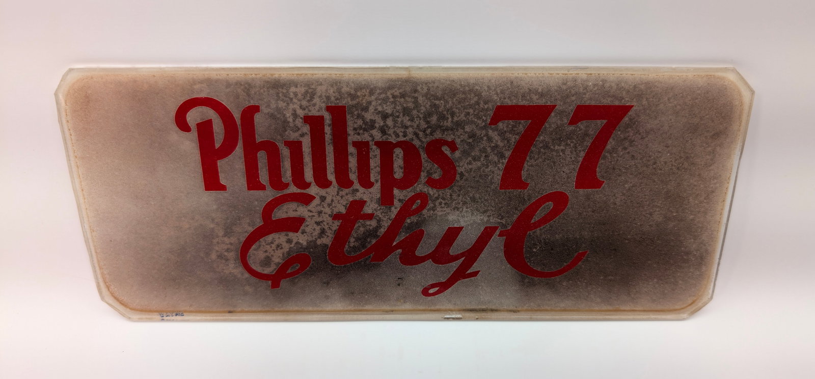 PHILLIPS 77 ETHYL GLASS GAS PUMP SIGN: REMAINS IN GOOD CONDITION, SHOWING SOME TYPICAL WEAR. NO CHIPS OR CRACKS.