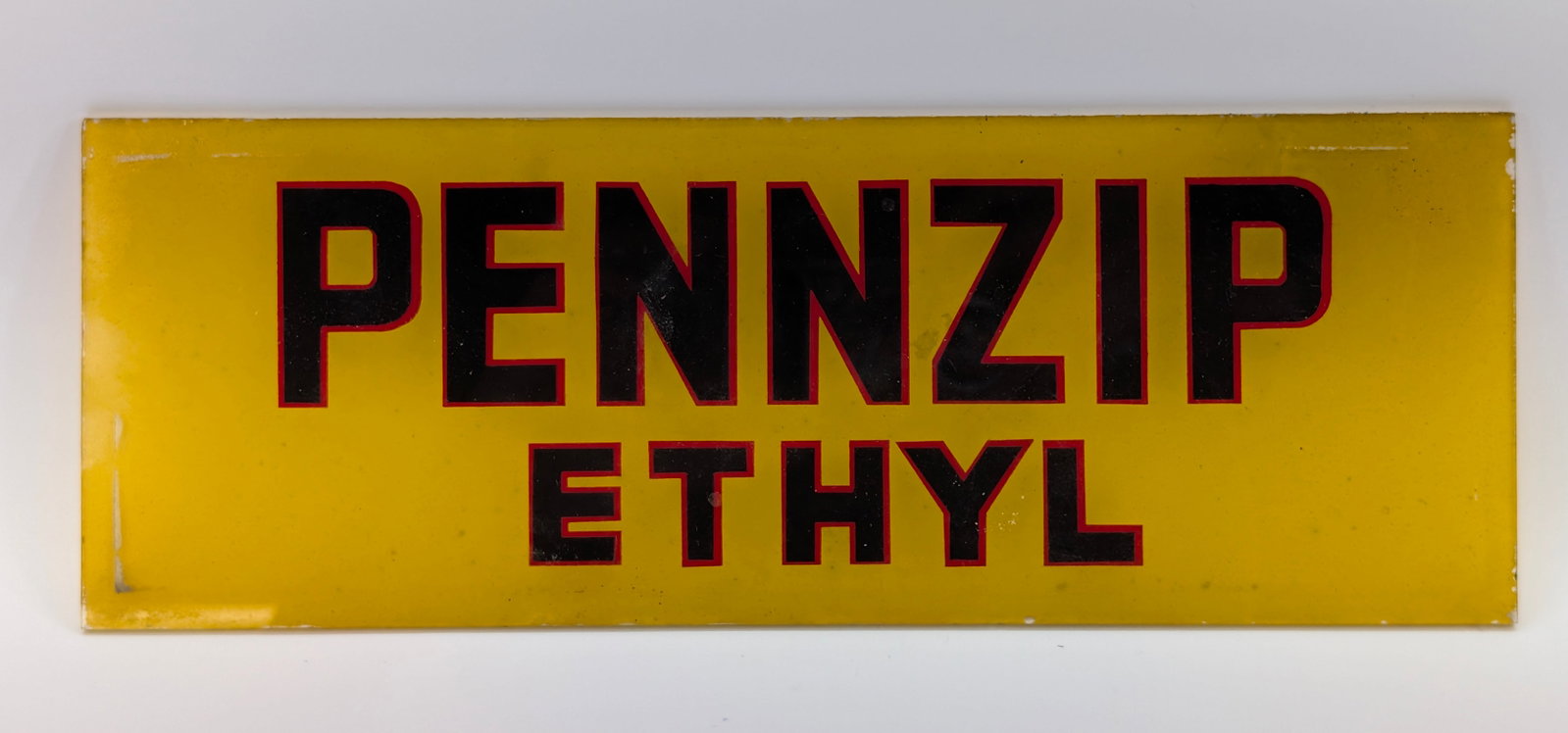 PENNZOIL ETHYL GLASS GAS PUMP SIGN: REMAINS IN GOOD CONDITION, SHOWING SOME TYPICAL WEAR. NO CHIPS OR CRACKS.