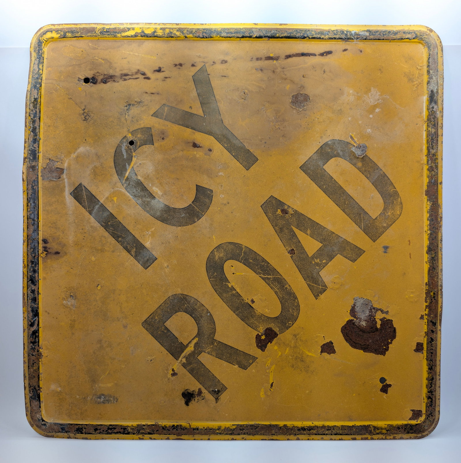 VINTAGE METAL ICY ROAD / SNOW BLOCKED ROAD DOUBLE SIDED SIGN: REMAINS IN FAIR CONDITION, SHOWING WEAR THROUGHOUT.