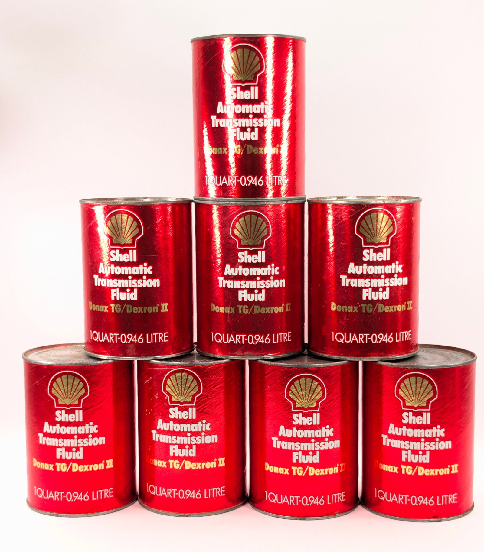 8) SHELL AUTOMATIVE TRANSMISSION FLUID 1 QUART: ALL CARDBOARD CONTAINERS REMAIN IN VERY GOOD CONDITION, SHOWING SOME TYPICAL STORAGE WEAR.