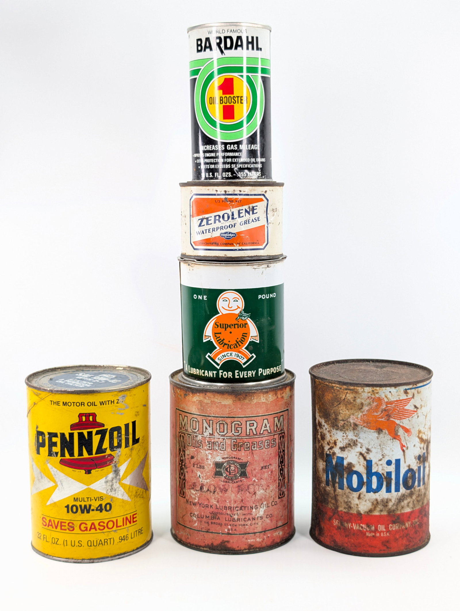 VARIOUS AUTOMOTIVE OIL CANS - MOBILOIL, MONOGRAM: ALL REMAIN IN FAIR TO GOOD CONDITION, SOME NICER THAN OTHERS.