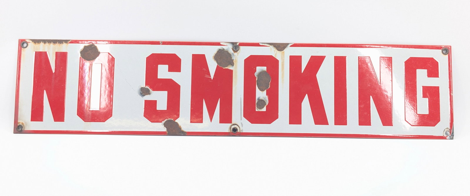 ANTIQUE NO SMOKING PORCELAIN SIGN: REMAINS IN FAIR TO GOOD CONDITION, SHOWING SOME TYPICAL WEAR.