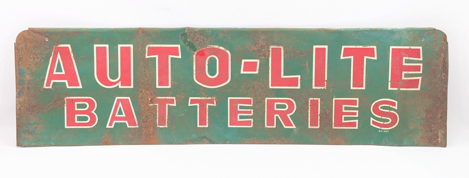LARGE 87" AUTO-LITE BATTERIES METAL SIGN: REMAINS IN FAIR CONDITION, SHOWING WEAR THROUGHOUT.