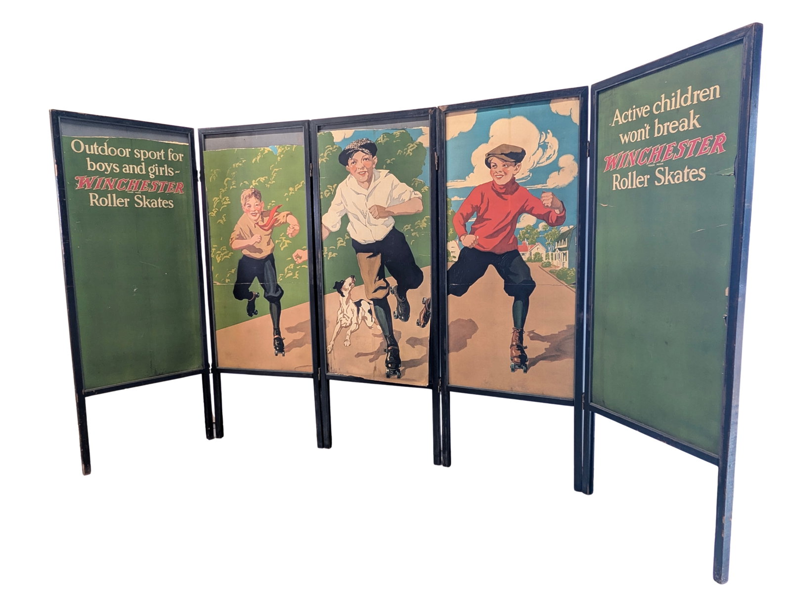 5-PIECE WINCHESTER ROLLER SKATES ADVERTISING ROOM DIVIDER: REMAINS IN POOR TO FAIR CONDITION, SHOWING DAMAGE TO EACH PIECE. SOME OF THE PIECES WITH TOP SECTION CUT OFF. SOME WATER STAINING AND PEELING TO PAPER LITHO. WOOD FRAME WITH METAL PANELS. EACH PANEL