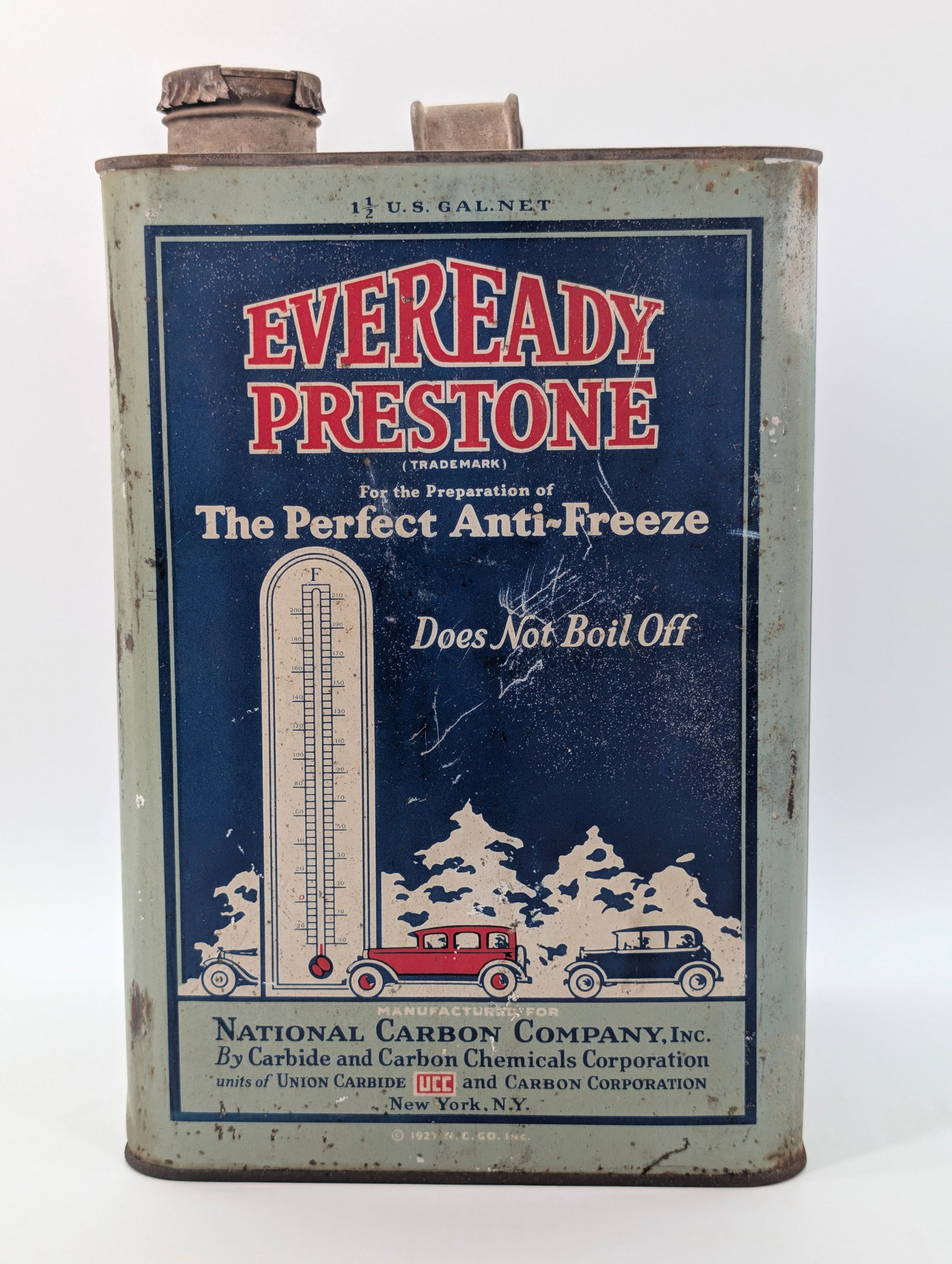 1927 EVEREADY PRESTONE 1 1/2 GAL. ANTIFREEZE CAN: REMAINS IN FAIR TO GOOD CONDITION, SHOWING TYPICAL WEAR.