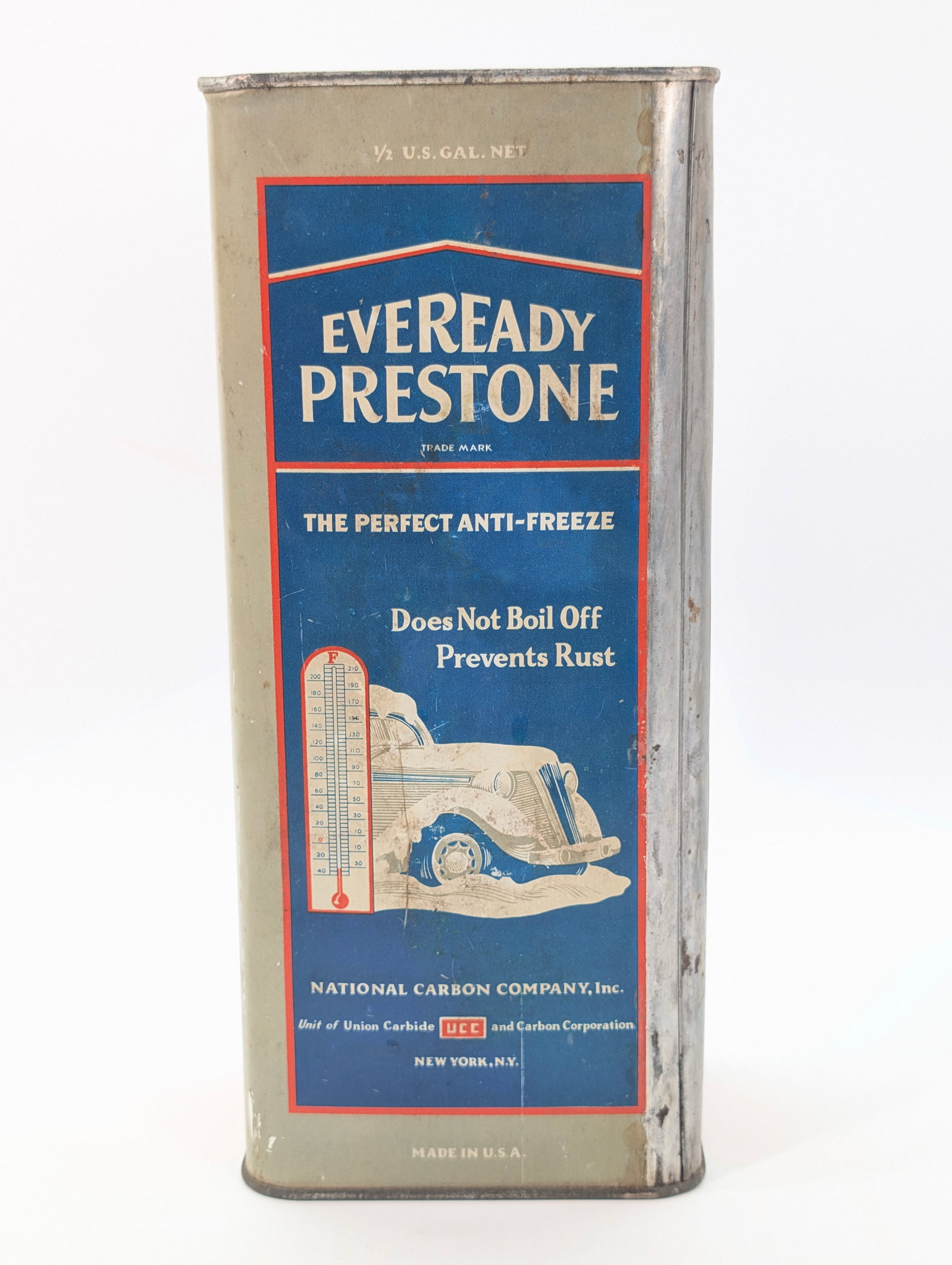 1929 EVEREADY PRESTONE 1/2 GALLON ANTIFREEZE CAN: REMAINS IN GOOD CONDITION, SHOWING SOME TYPICAL WEAR.