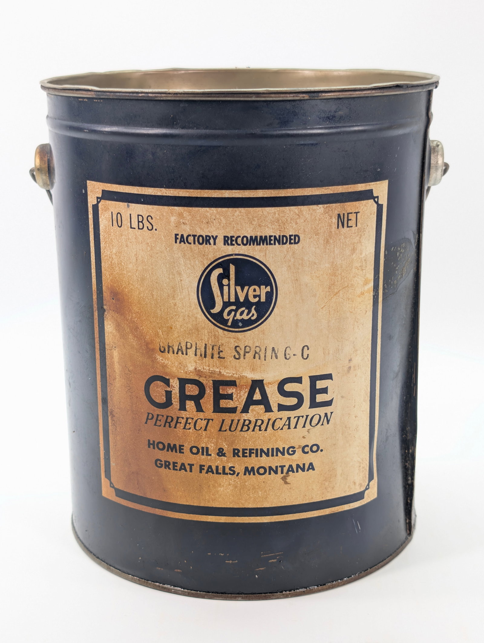 SILVER GAS 10 LBS. GREEN BUCKET: REMAINS IN GOOD CONDITION, SHOWING SOME TYPICAL WEAR.