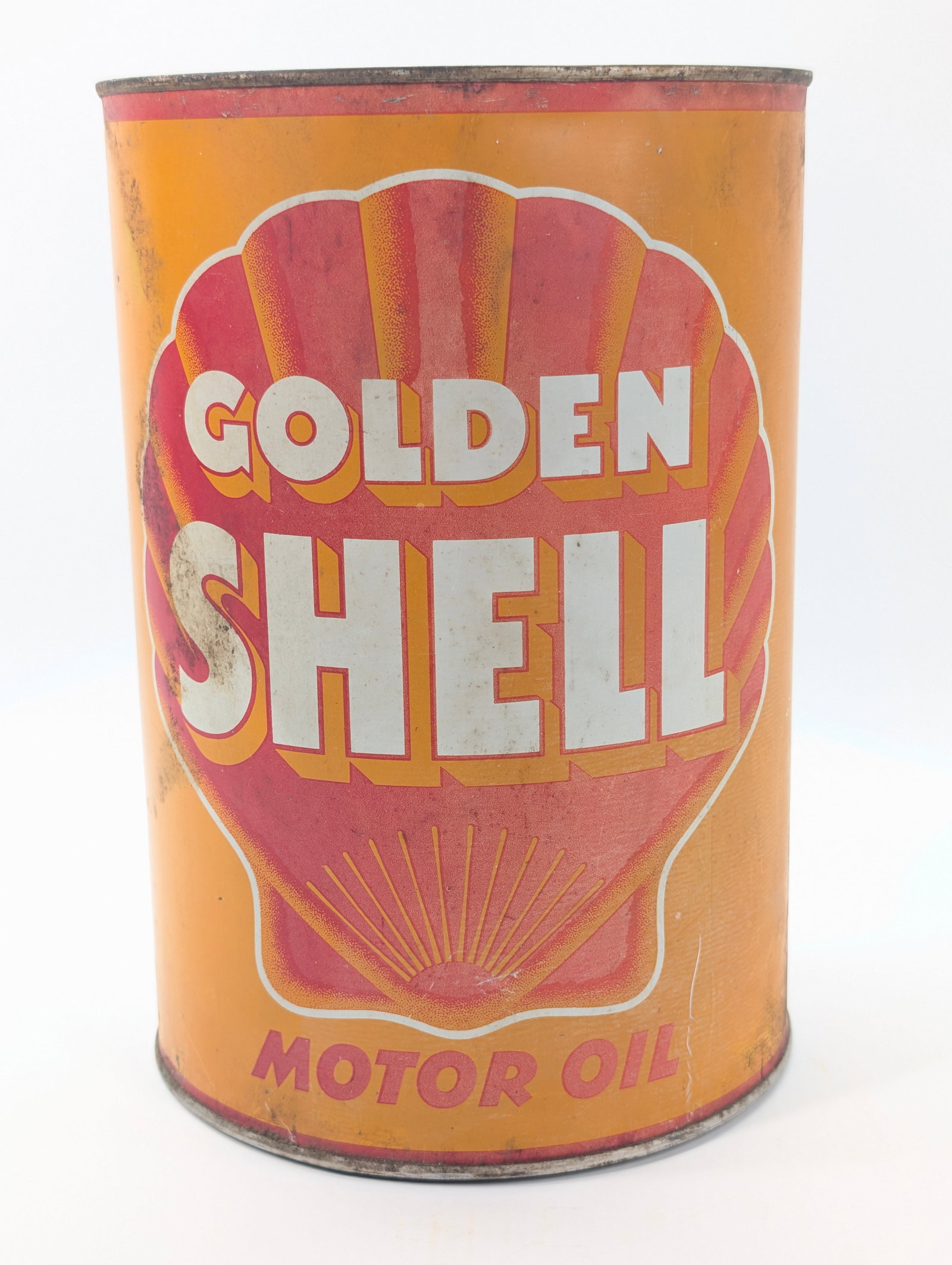 GOLDEN SHELL ONE QUART MOTOR OIL CAN: REMAINS IN FAIR CONDITION, SHOWING COLOR FADING.