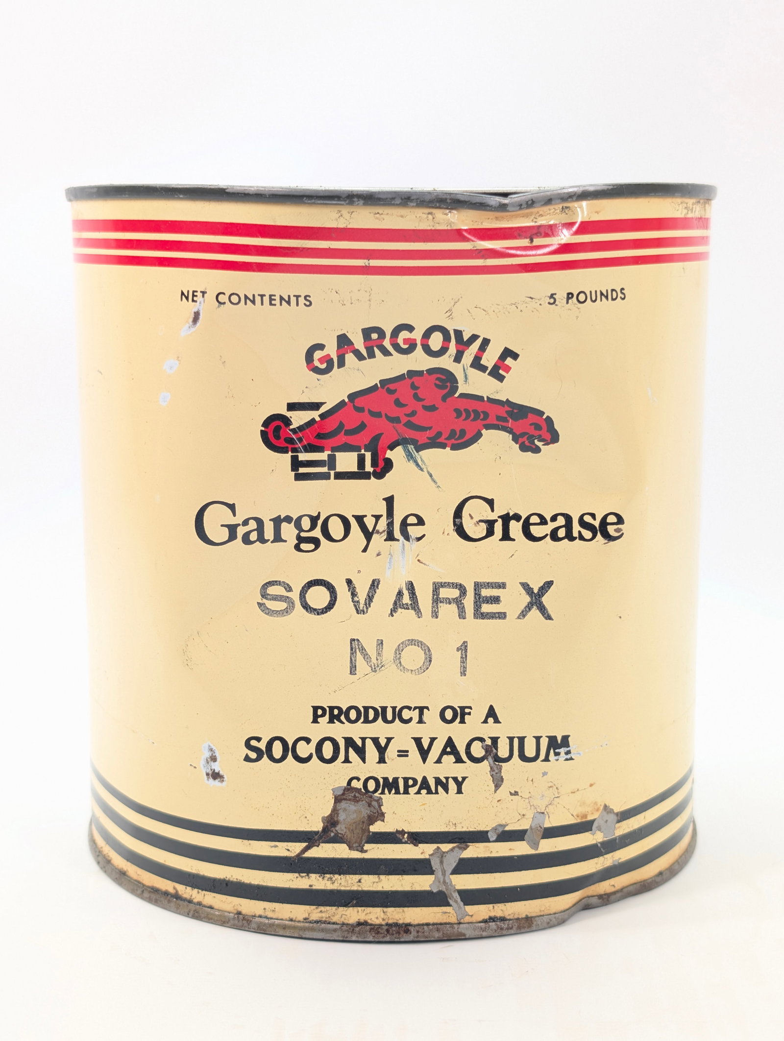 SACONY VACUUM GARGOYLE GREASE 5 POUND CAN: REMAINS IN FAIR TO GOOD CONDITION, SHOWING DENTS AND SOME SCRATCHES.
