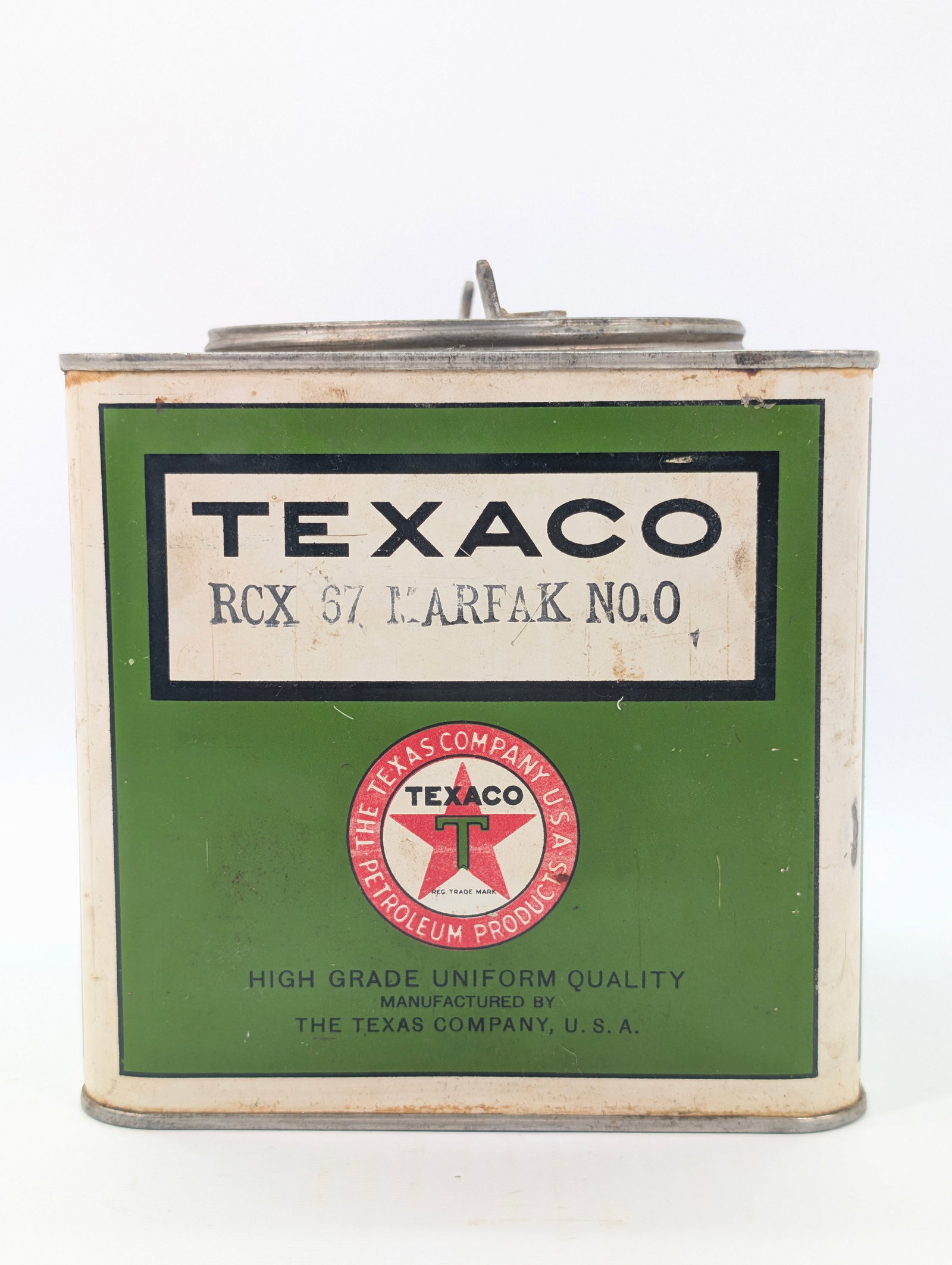 TEXACO RCX 67 MARFAK NO.0 LUBRICATION 5 POUND CAN: REMAINS IN GOOD CONDITION, SHOWING SOME TYPICAL WEAR.