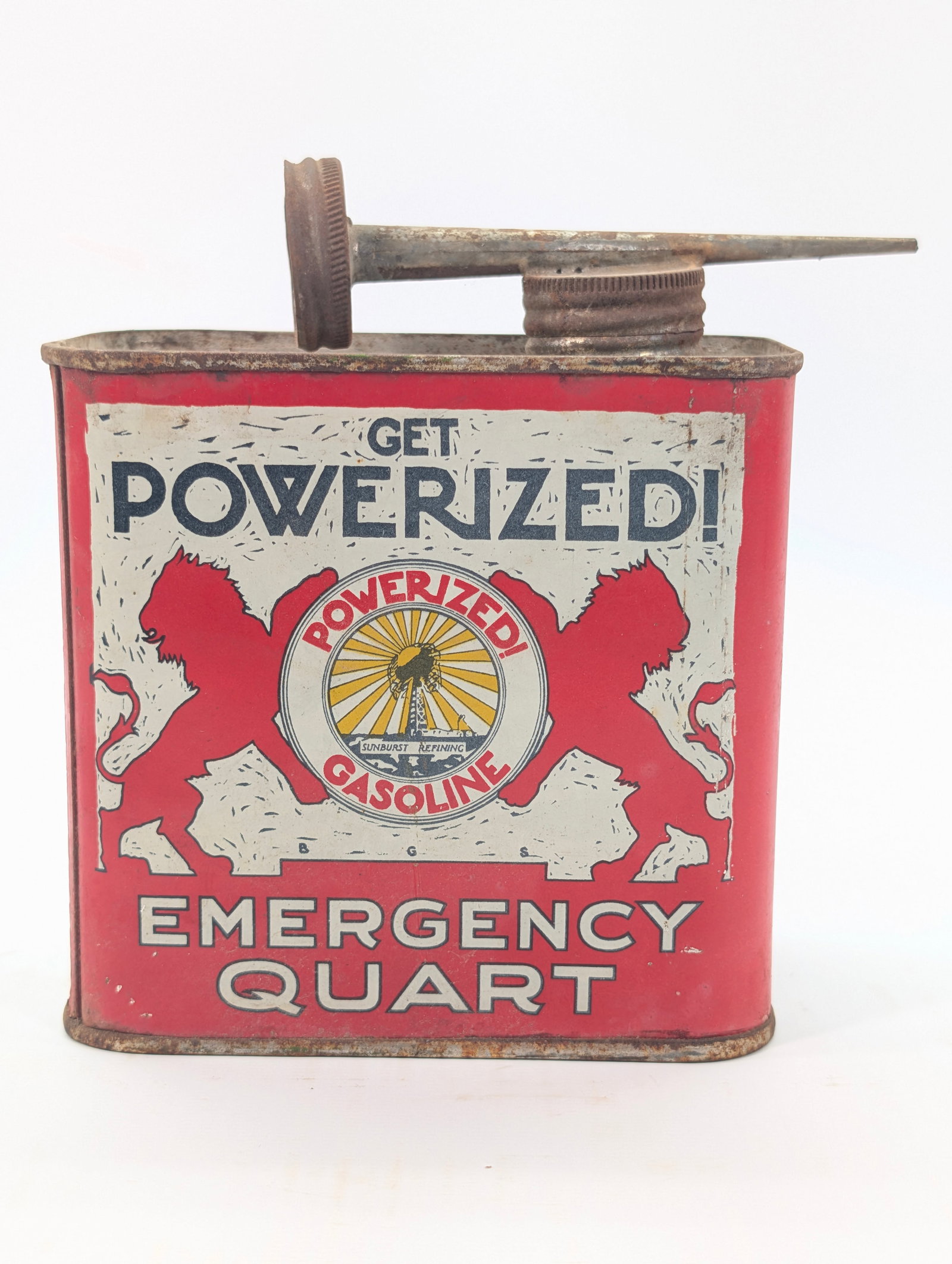 POWERIZED GASOLINE EMERGENCY QUART CAN: REMAINS IN GOOD CONDITION, SHOWING SOME TYPICAL WEAR.