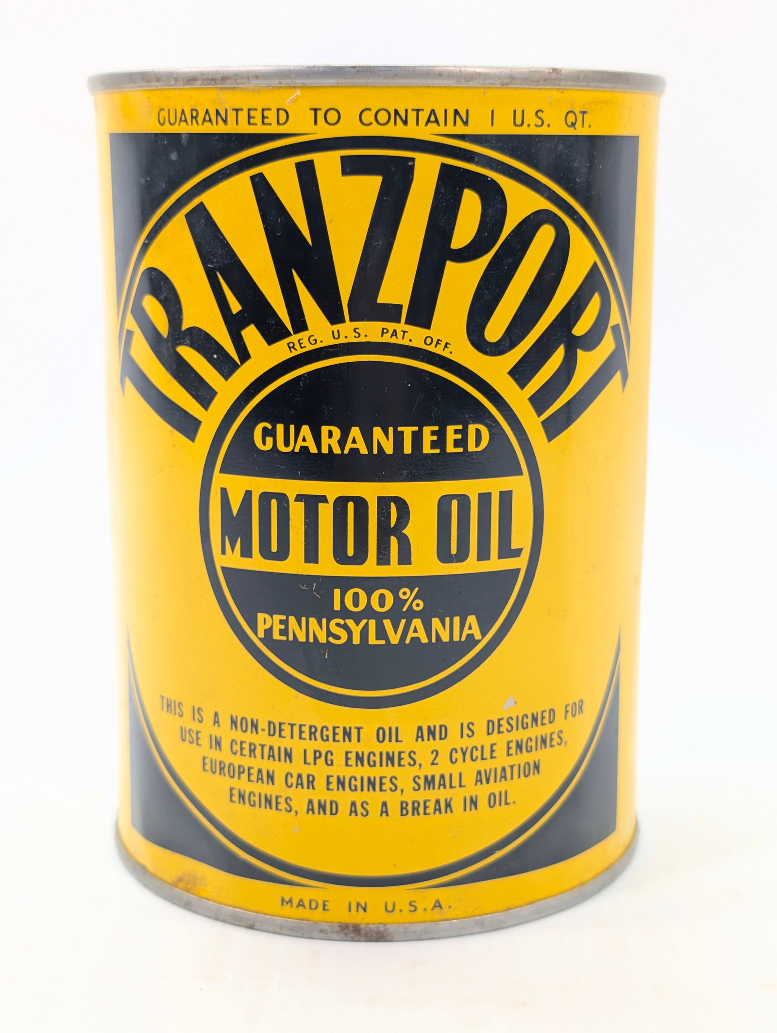 TRANZPORT ONE QUART MOTOR OIL CAN: REMAINS IN GOOD UNOPENED CONDITION.