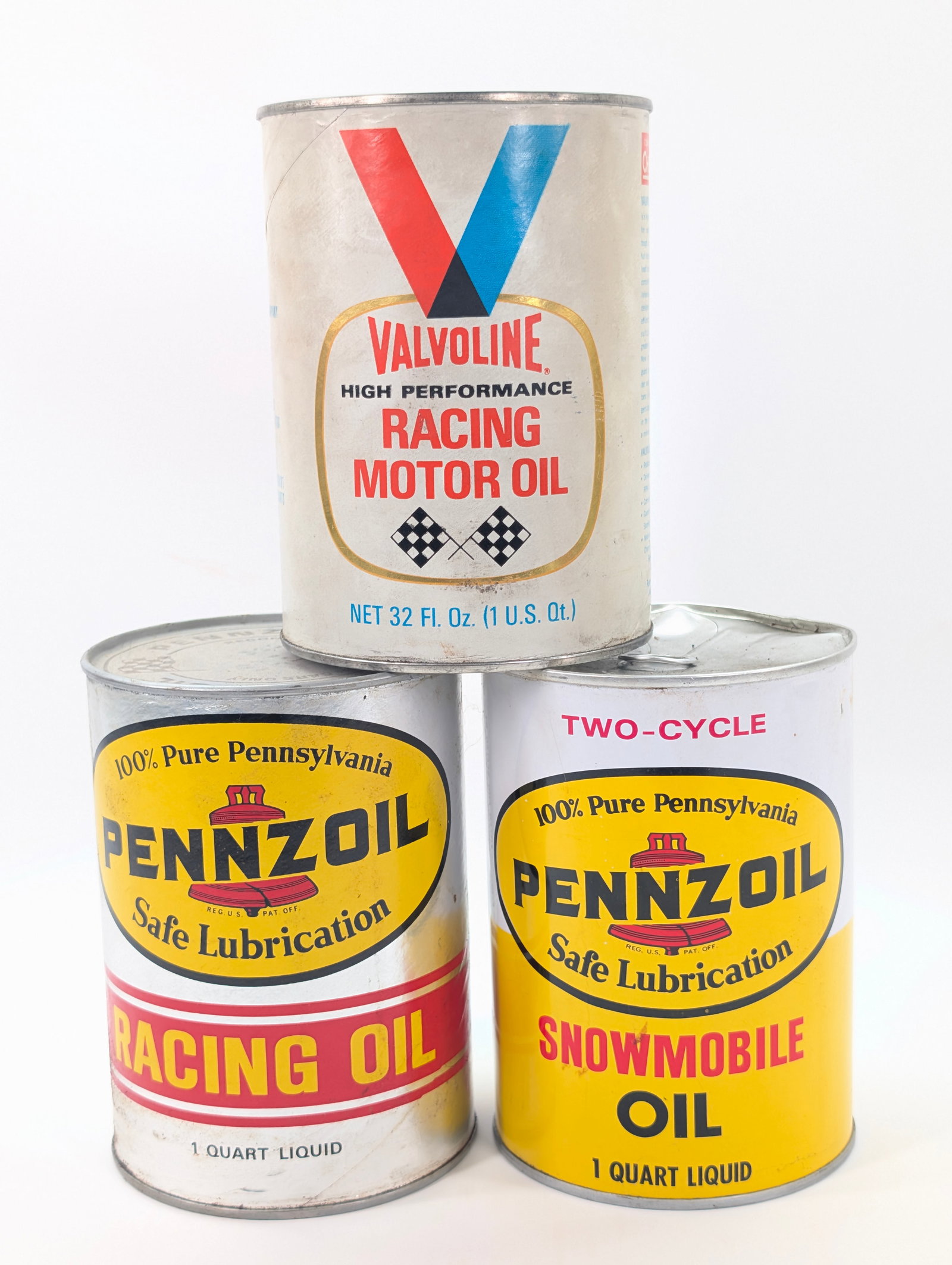 VALVOLINE & PENNZOIL RACING OIL & PENNZOIL SNOWMOBILE CAN: ALL CARDBOARD CANS REMAIN IN GOOD CONDITION, SHOWING SOME TYPICAL WEAR. SNOWMOBILE CAN WITH DENTS ALONG TOPS