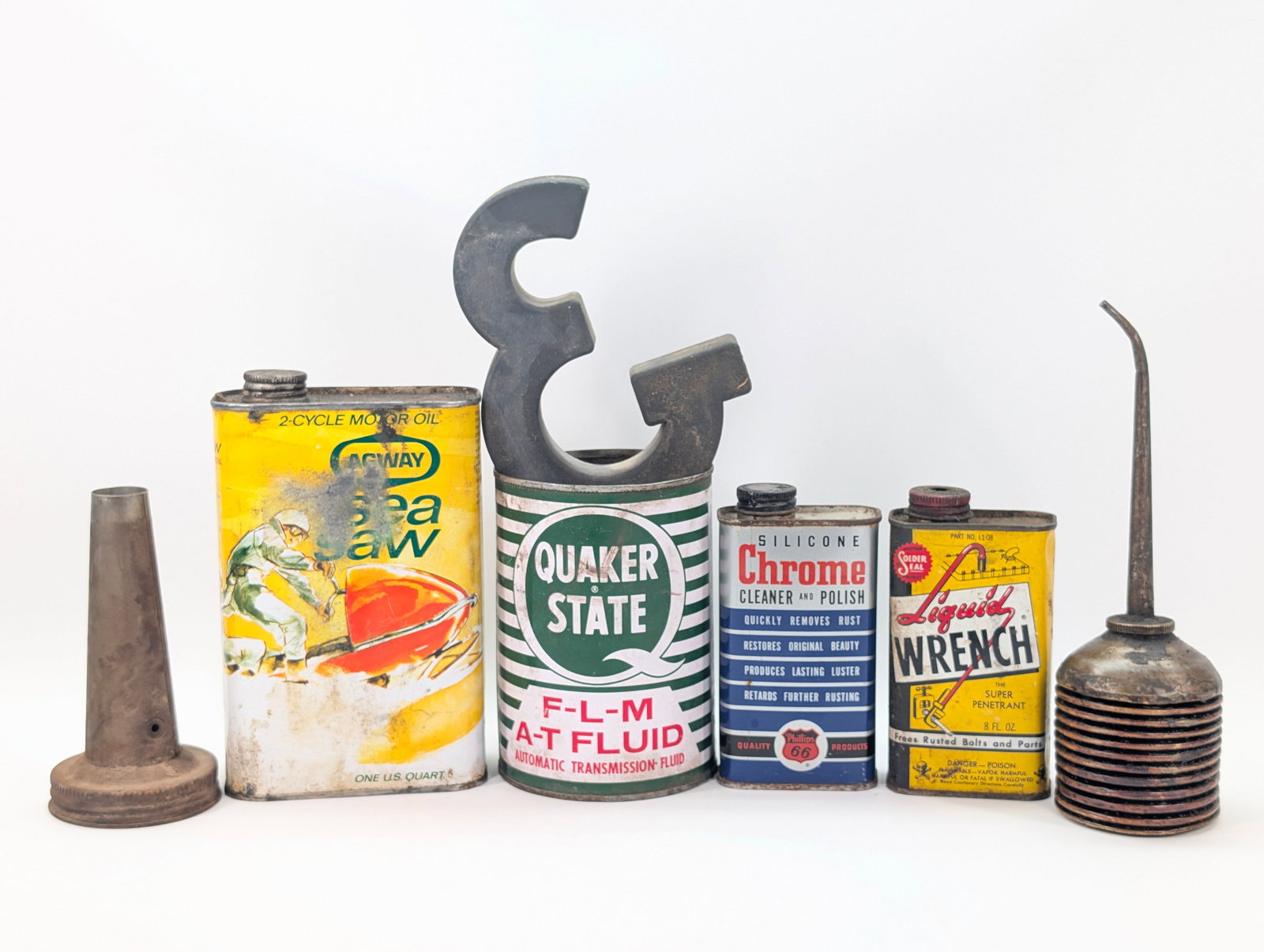ASSORTED LOT OF AUTOMOTIVE TINS, SPOUT, OILER +: ALL REMAIN IN FAIR TO GOOD CONDITION, SHOWING TYPICAL WEAR.