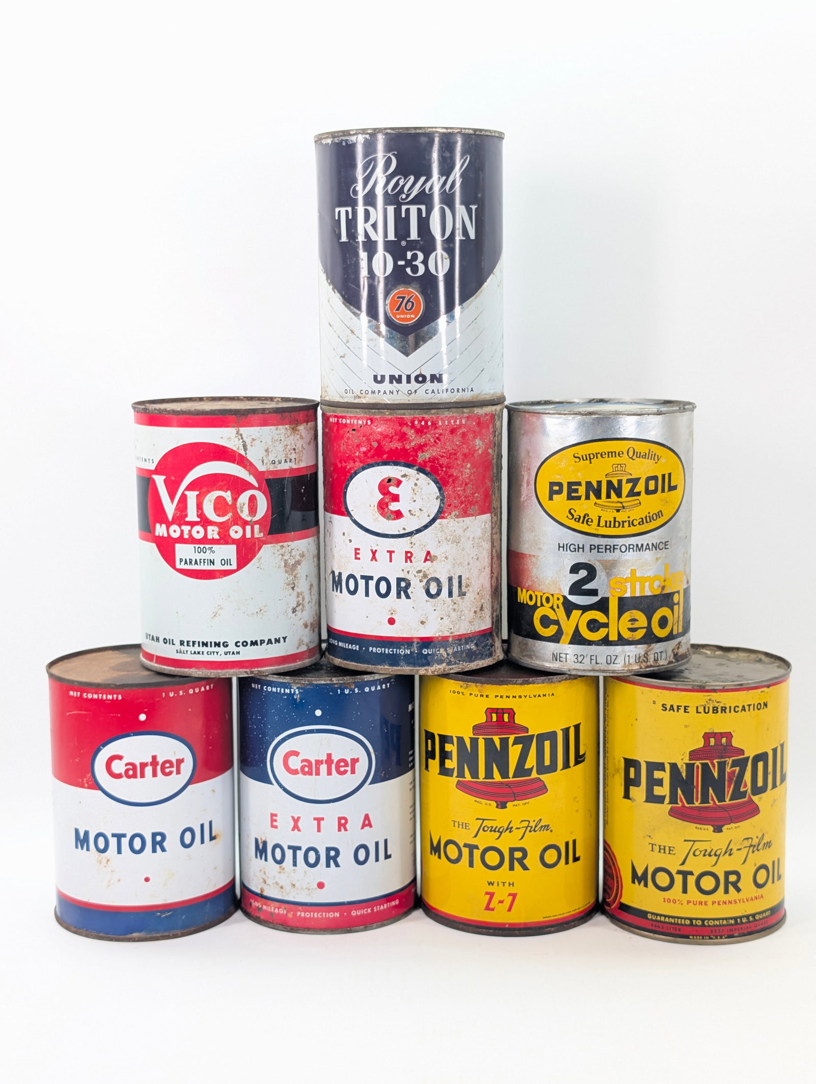 8) VARIOUS ONE QUART OIL CANS - VICO, CARTER, ESSO: ALL REMAIN IN FAIR TO GOOD CONDITION, SHOWING SOME TYPICAL WEAR.