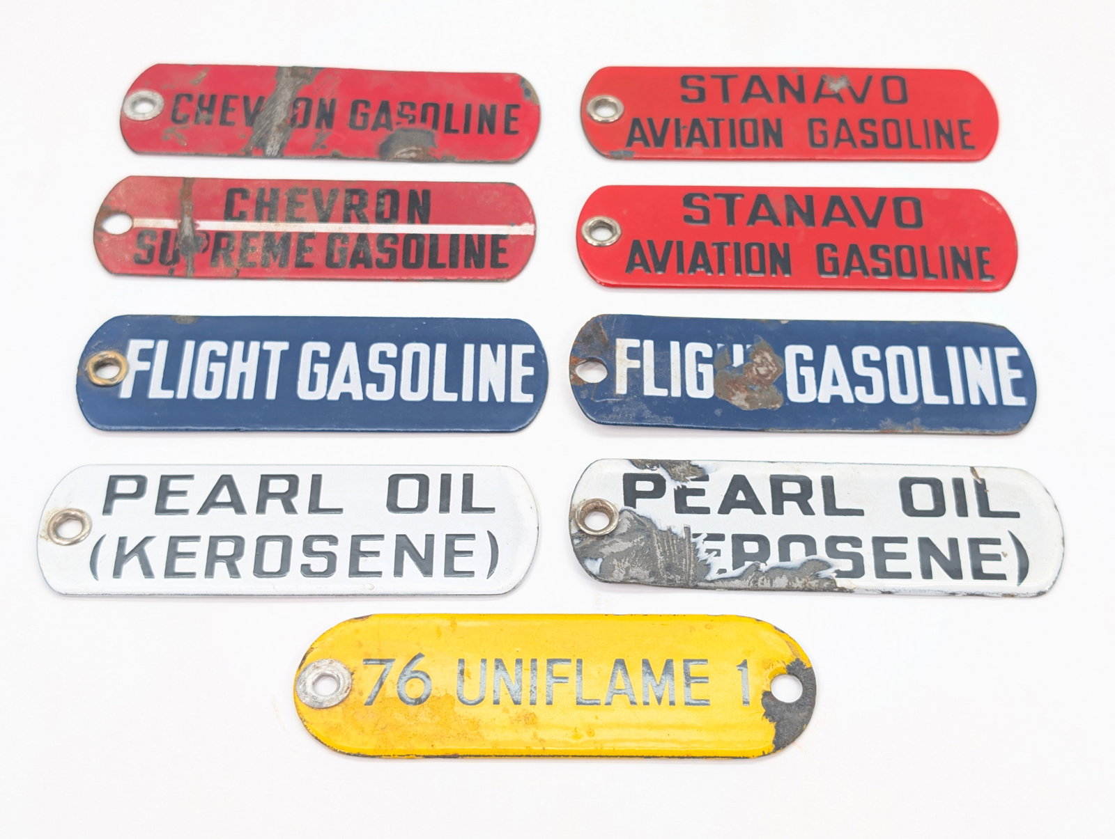 9) VARIOUS PORCELAIN GAS PUMP STATION SIGNS: ALL REMAIN IN FAIR TO GOOD CONDITION, SHOWING SOME TYPICAL WEAR.