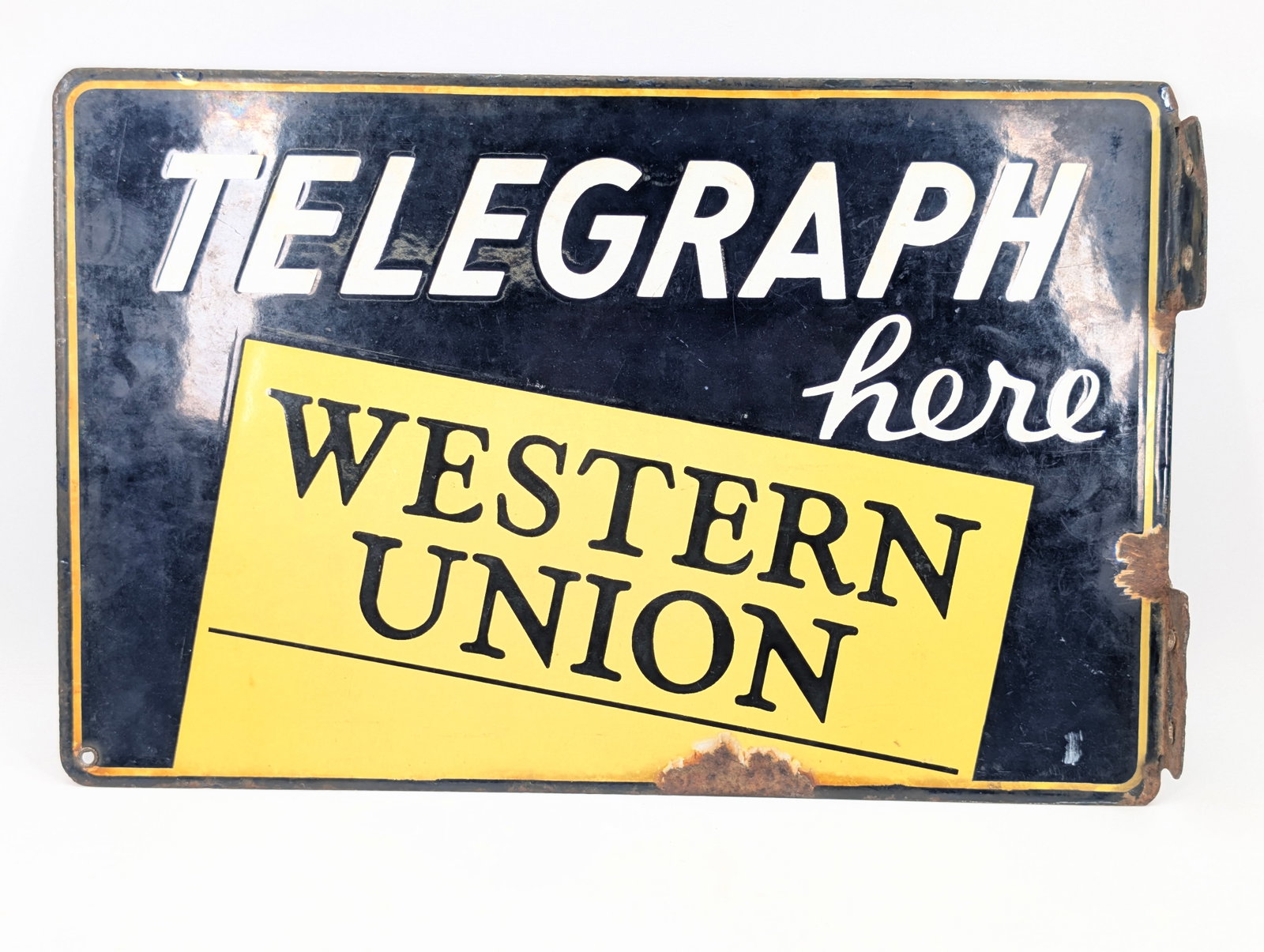WESTERN UNION TELEGRAPH HERE PORCELAIN FLANGE SIGN - 6