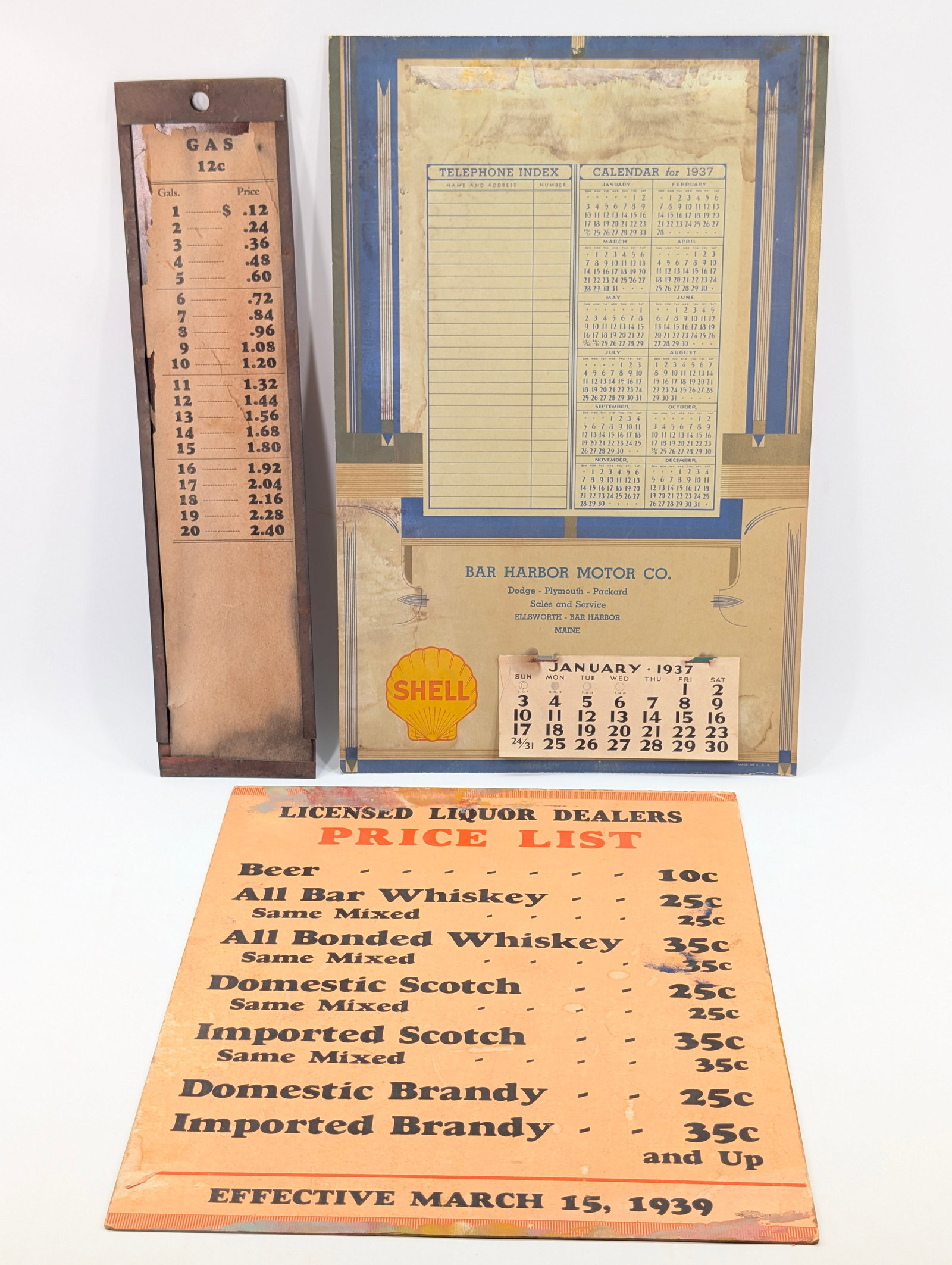 BAR HARBOR MAINE SHELL CALENDAR 1937, 1939 LIQUOR PRICE LIST, GAS CHART (1 of 6)