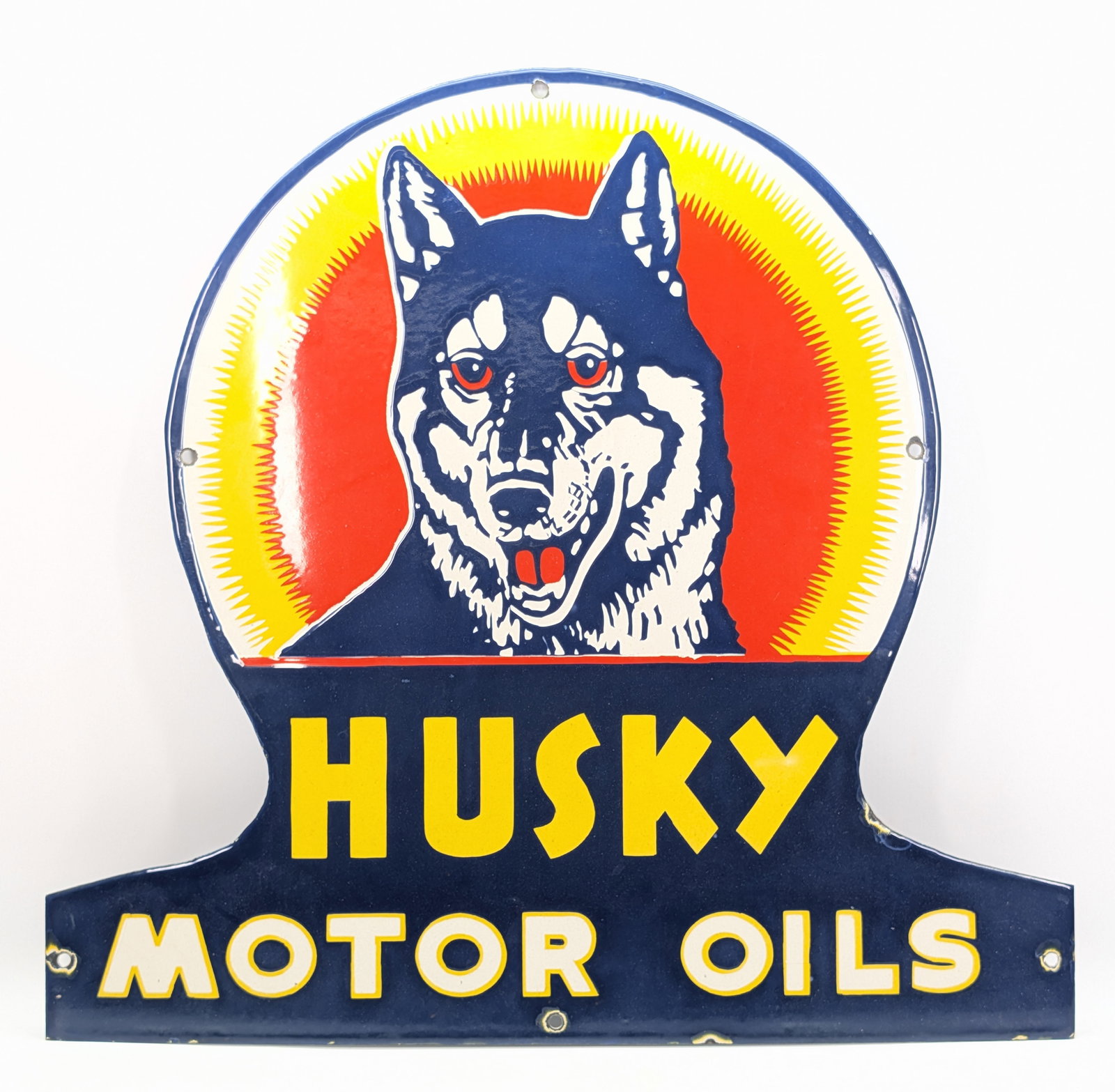 REPRODUCTION HUSKY MOTOR OILS PORCELAIN SIGN: REMAINS IN VERY GOOD CONDITION, SHOWING SOME TYPICAL WEAR.