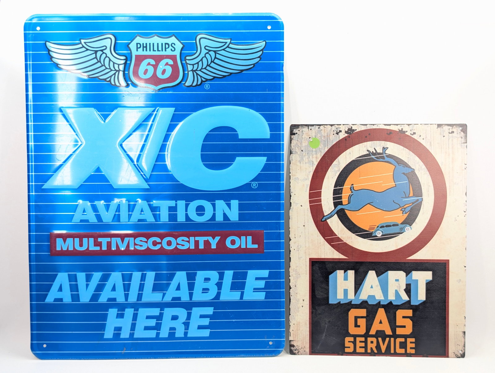 PHILLIPS 66 AVIATION OIL SIGN & REPRODUCTION HART GAS SIGN: BOTH REMAIN IN GOOD CONDITION.