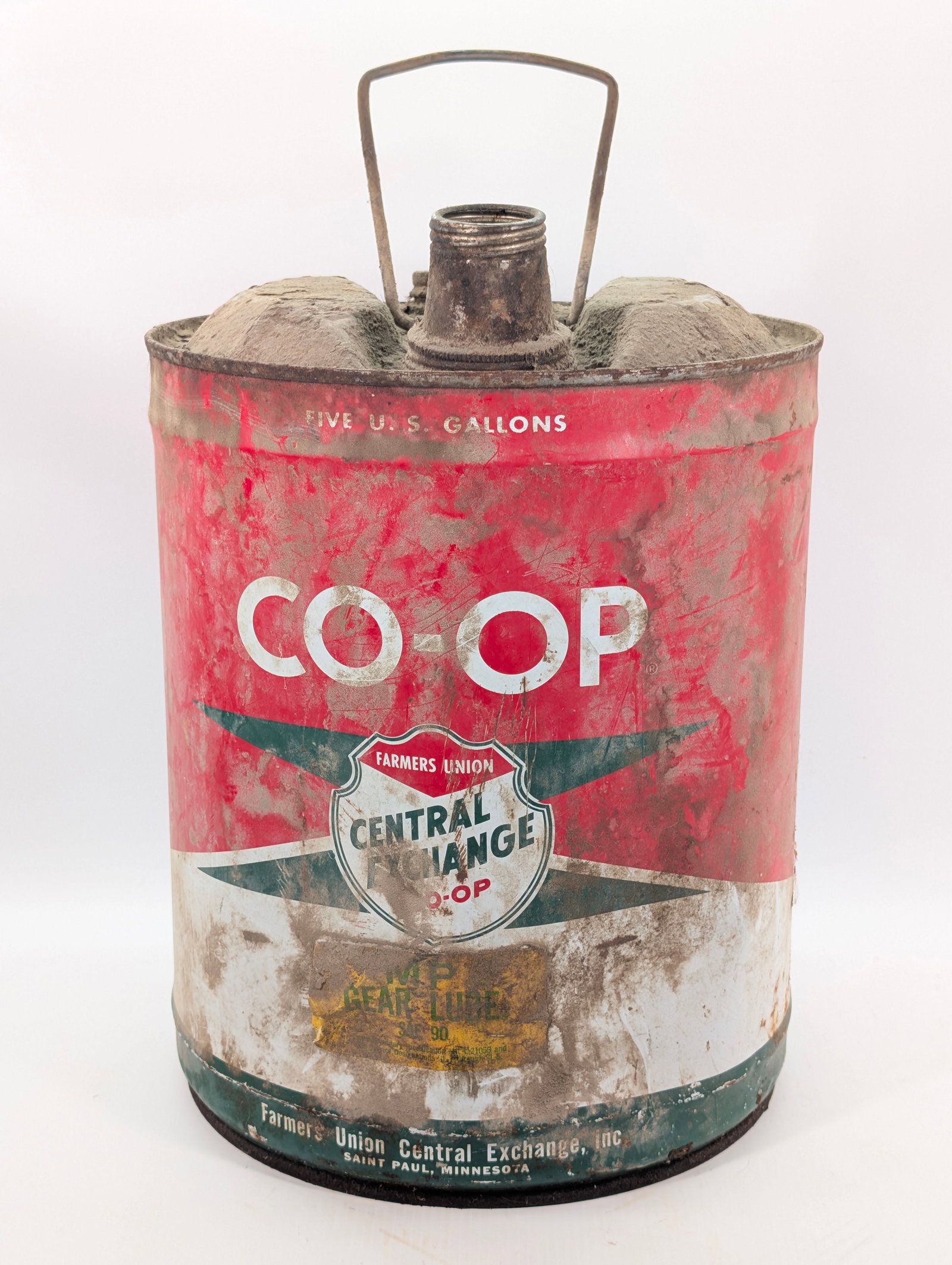 CENTRAL EXCHANGE CO-OP FIVE GALLON GEAR LUBE CAN: REMAINS IN FAIR CONDITION, SHOWING WEAR THROUGHOUT. DIRTY, NEEDING CLEANED.